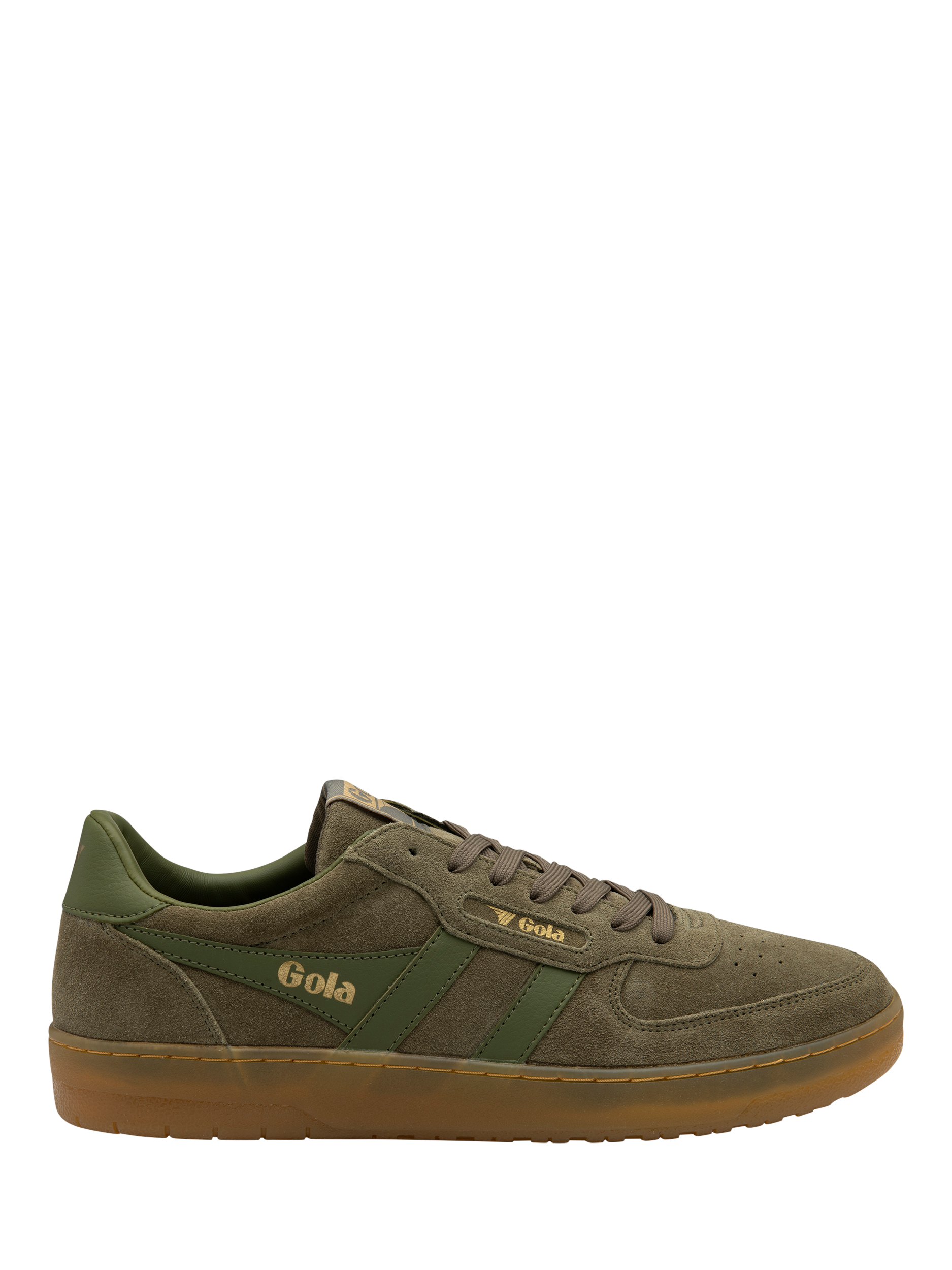 Product image 1 of 5, which shows Gola Hawk Suede '86 Trainers, Khaki/Gum, 8