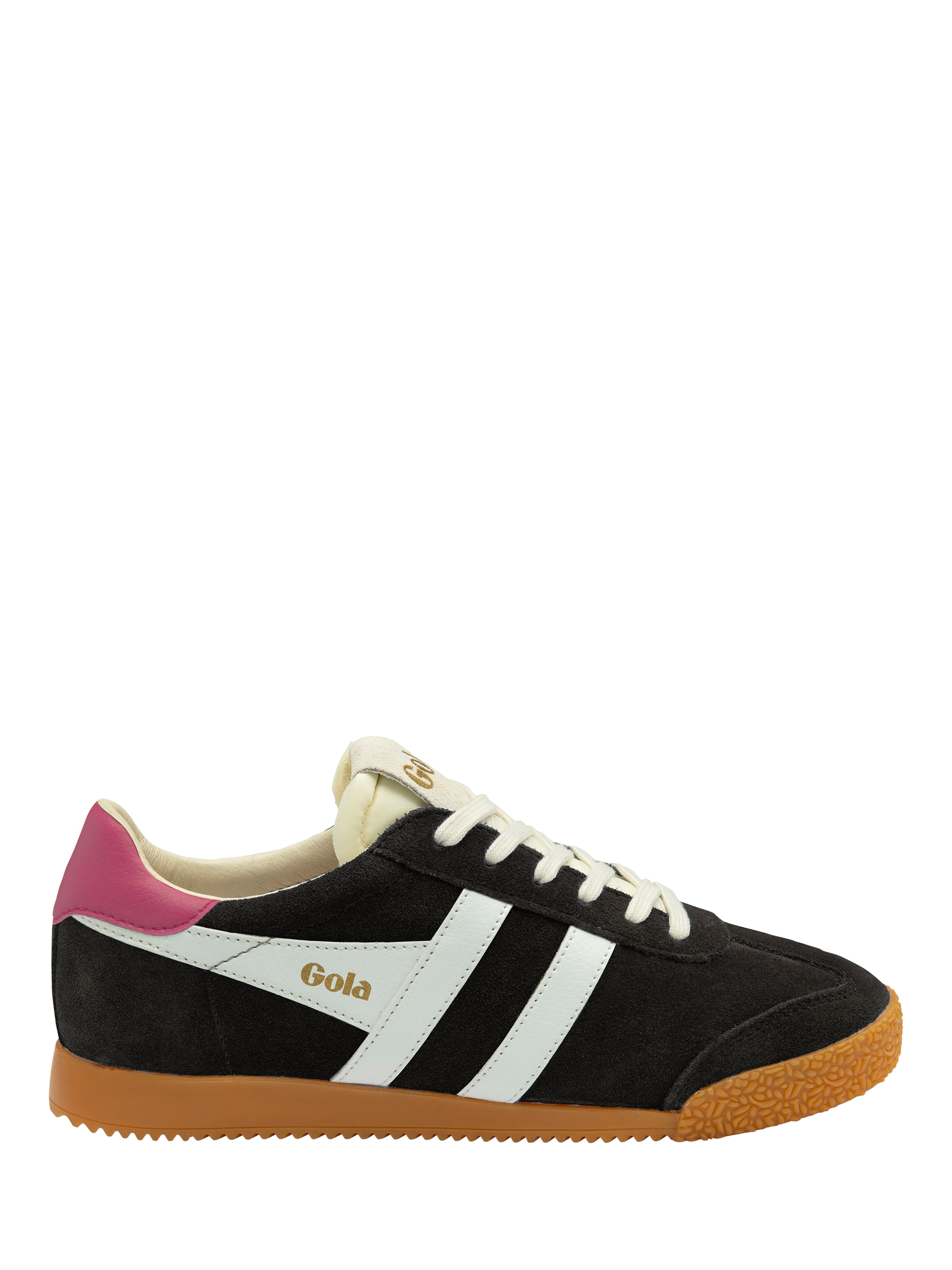 Product image 1 of 5, which shows Gola Elan Suede Trainers, Blackoffwhitefuchsia, 9