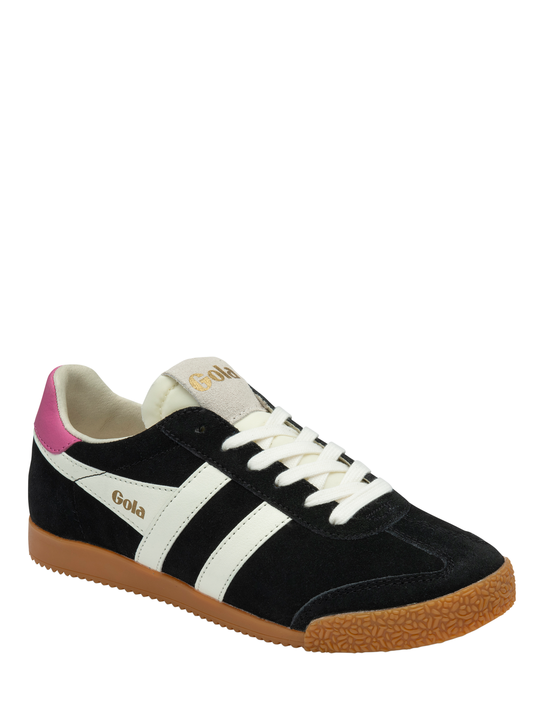 Product image 2 of 5, which shows Gola Elan Suede Trainers, Blackoffwhitefuchsia, 9