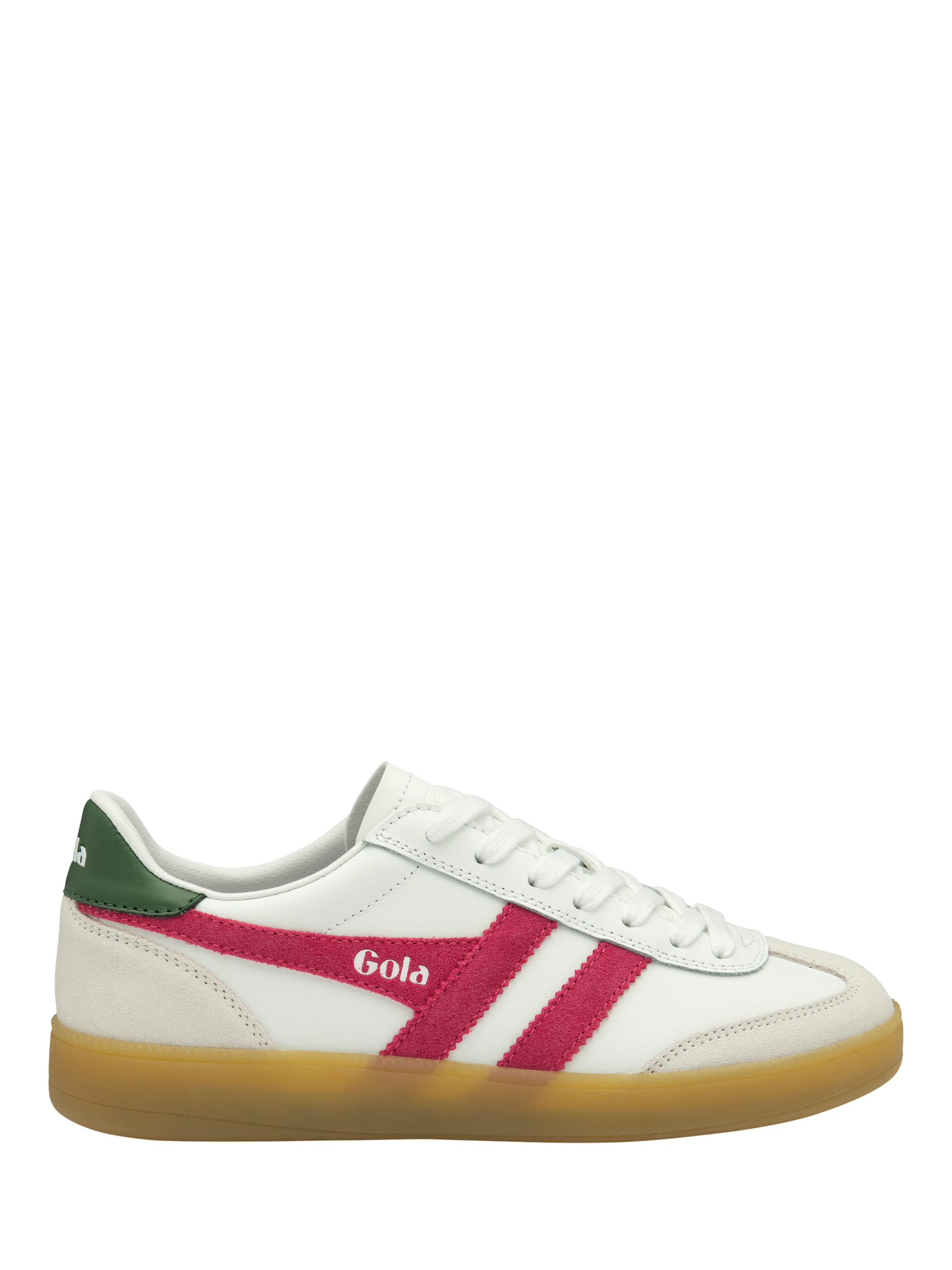 Product image 1 of 5, which shows Gola Viper Leather Trainers, White/Fuchsia/Evergreen, 4