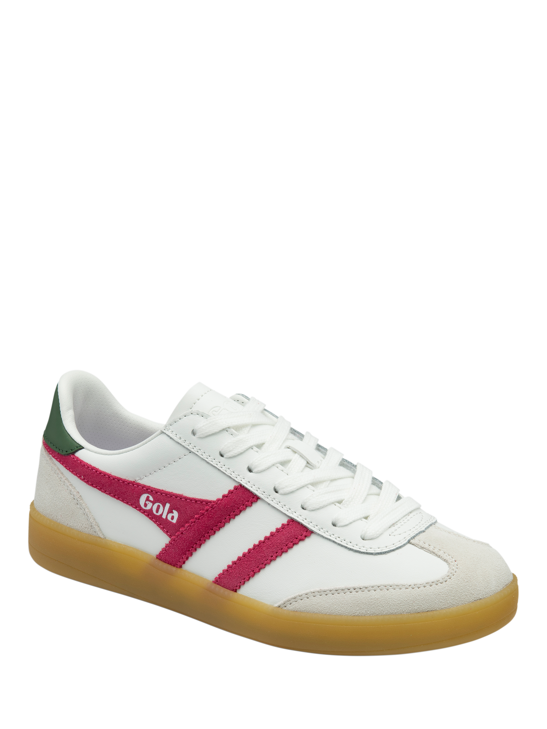 Product image 2 of 5, which shows Gola Viper Leather Trainers, White/Fuchsia/Evergreen, 4