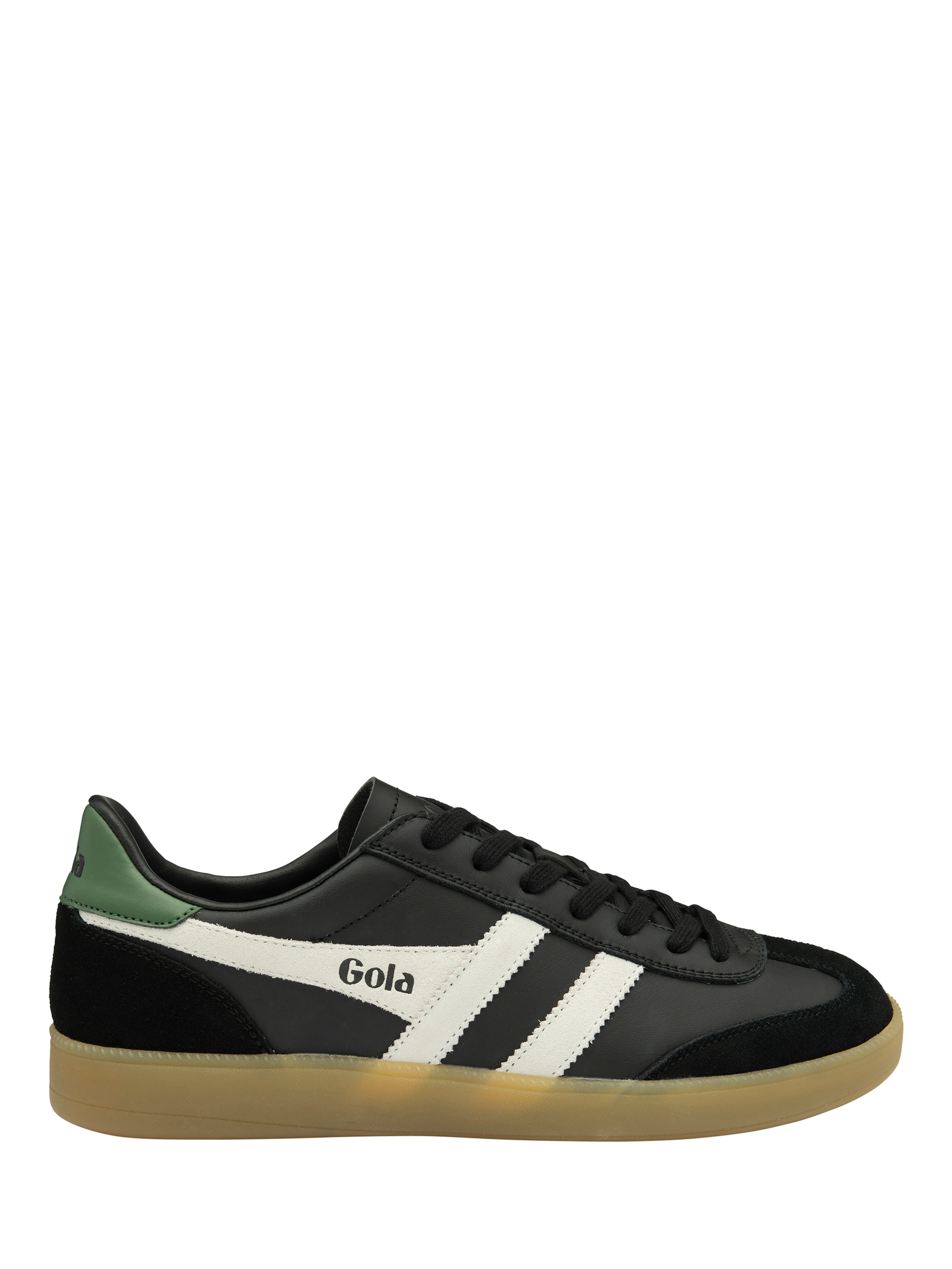 Product image 1 of 5, which shows Gola Viper Leather Trainers, Black/White/Evergreen/Gum, 6