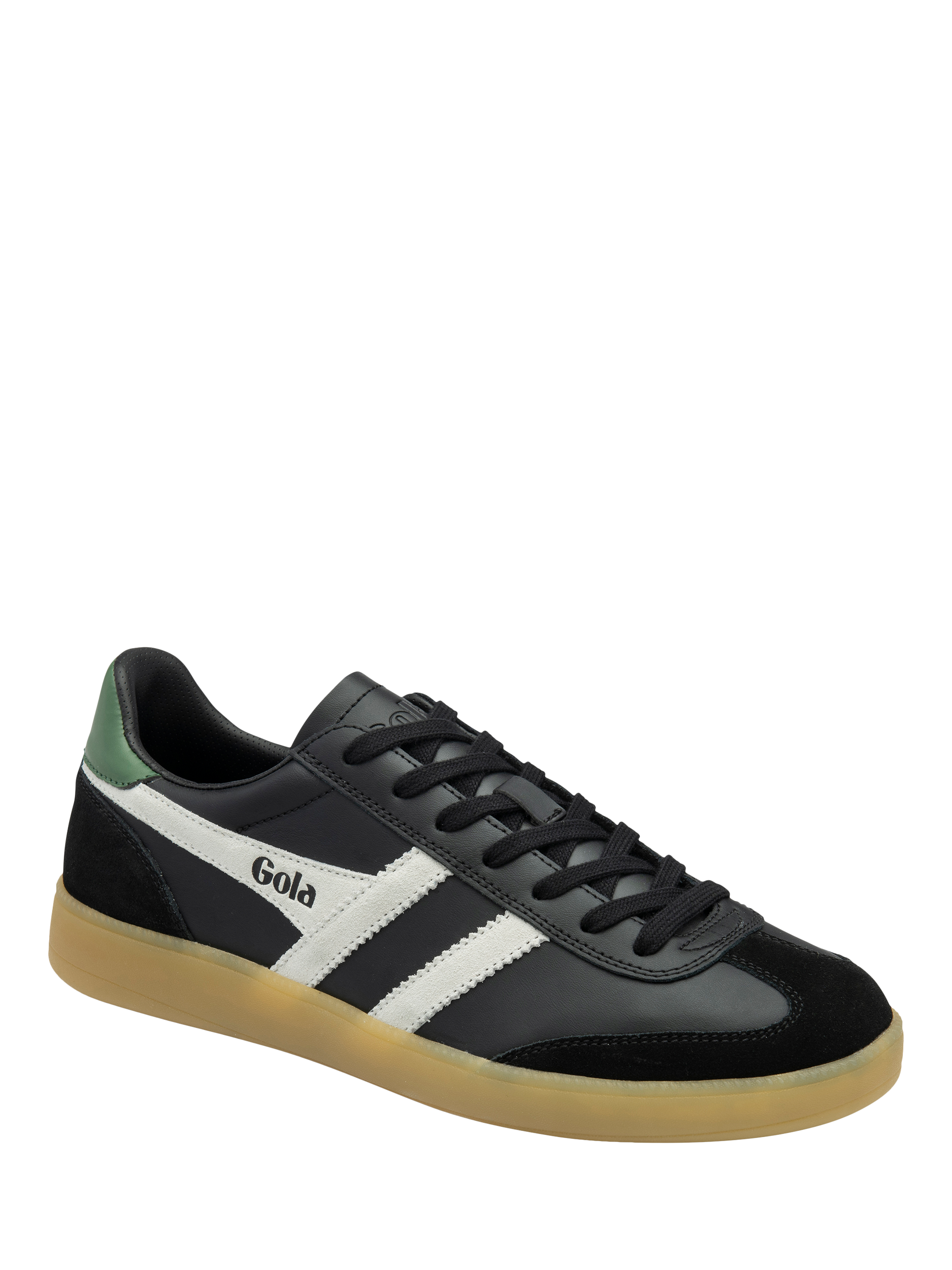 Product image 2 of 5, which shows Gola Viper Leather Trainers, Black/White/Evergreen/Gum, 6