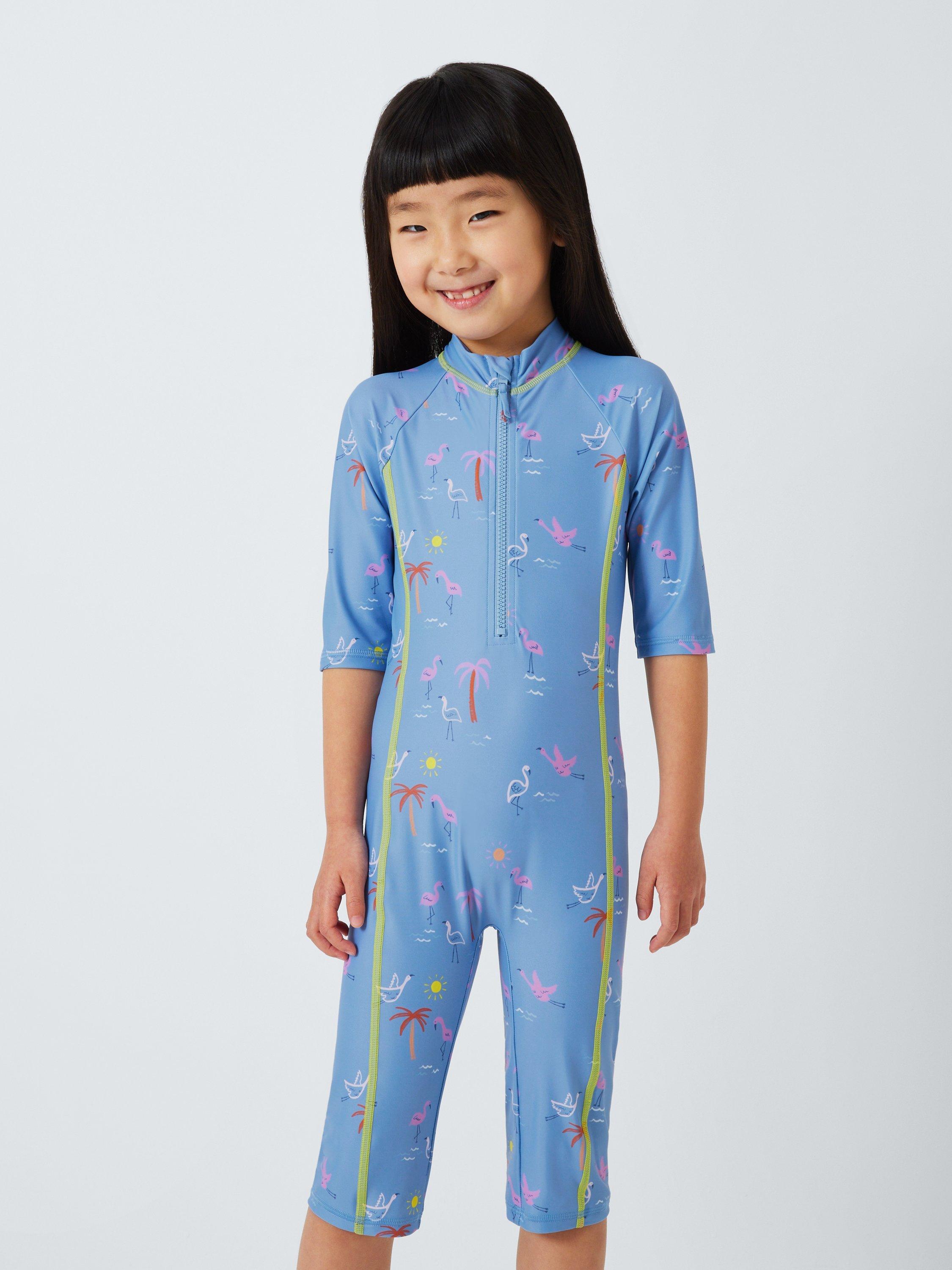 Product image 1 of 7, which shows John Lewis Kids' Flamingo Sunpro Swimsuit, Blue, 3 years