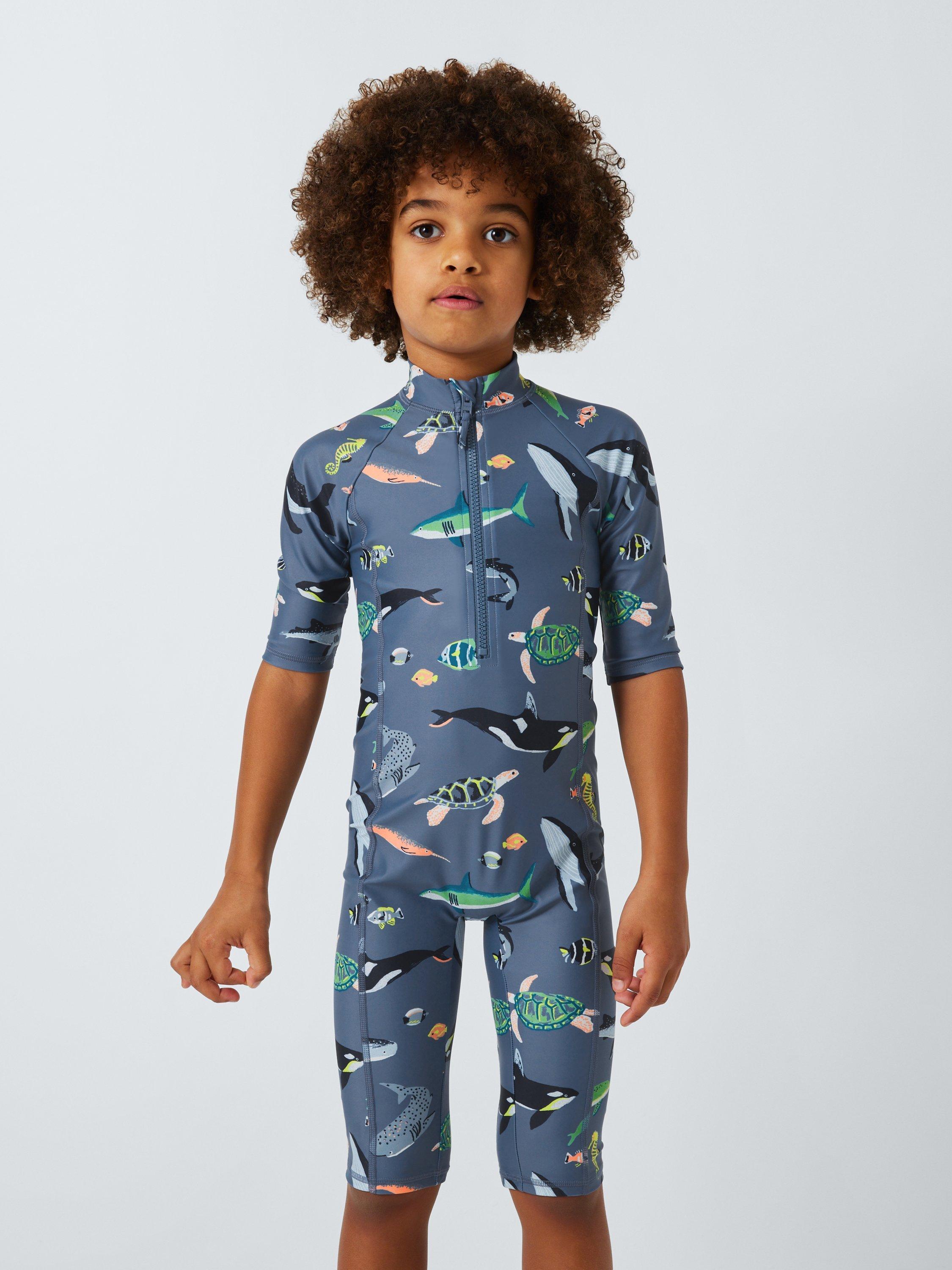 Product image 1 of 7, which shows John Lewis Kids' Deep Waters Sunpro Swimsuit, Blue, 2 years