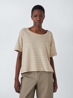 John Lewis Stripe Relaxed Cotton Rich T-Shirt, Beige/White