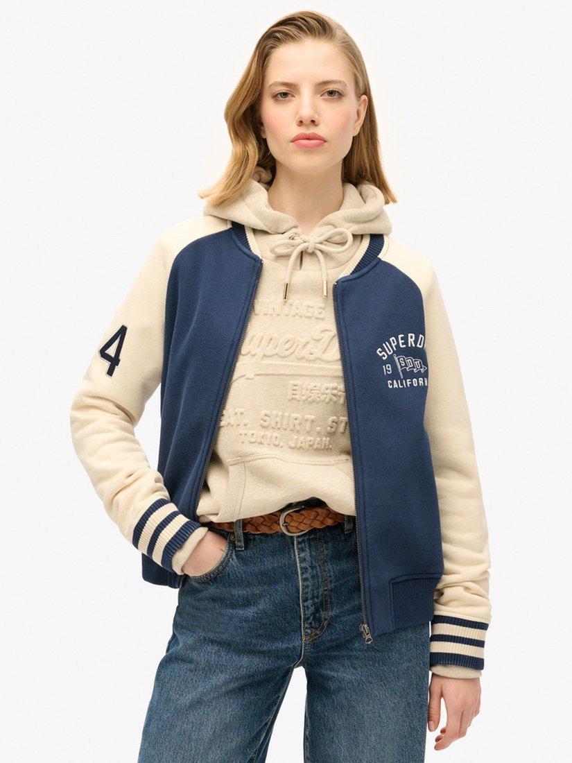Product image 1 of 7, which shows Superdry College Script Graphic Bomber Jacket, Atlantic Navy, 8