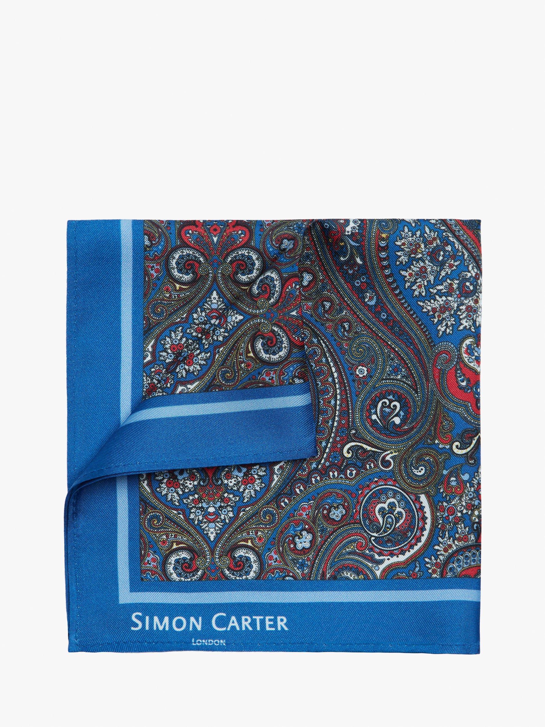 Product image 1 of 3, which shows Simon Carter Paisley Silk Pocket Square, Navy