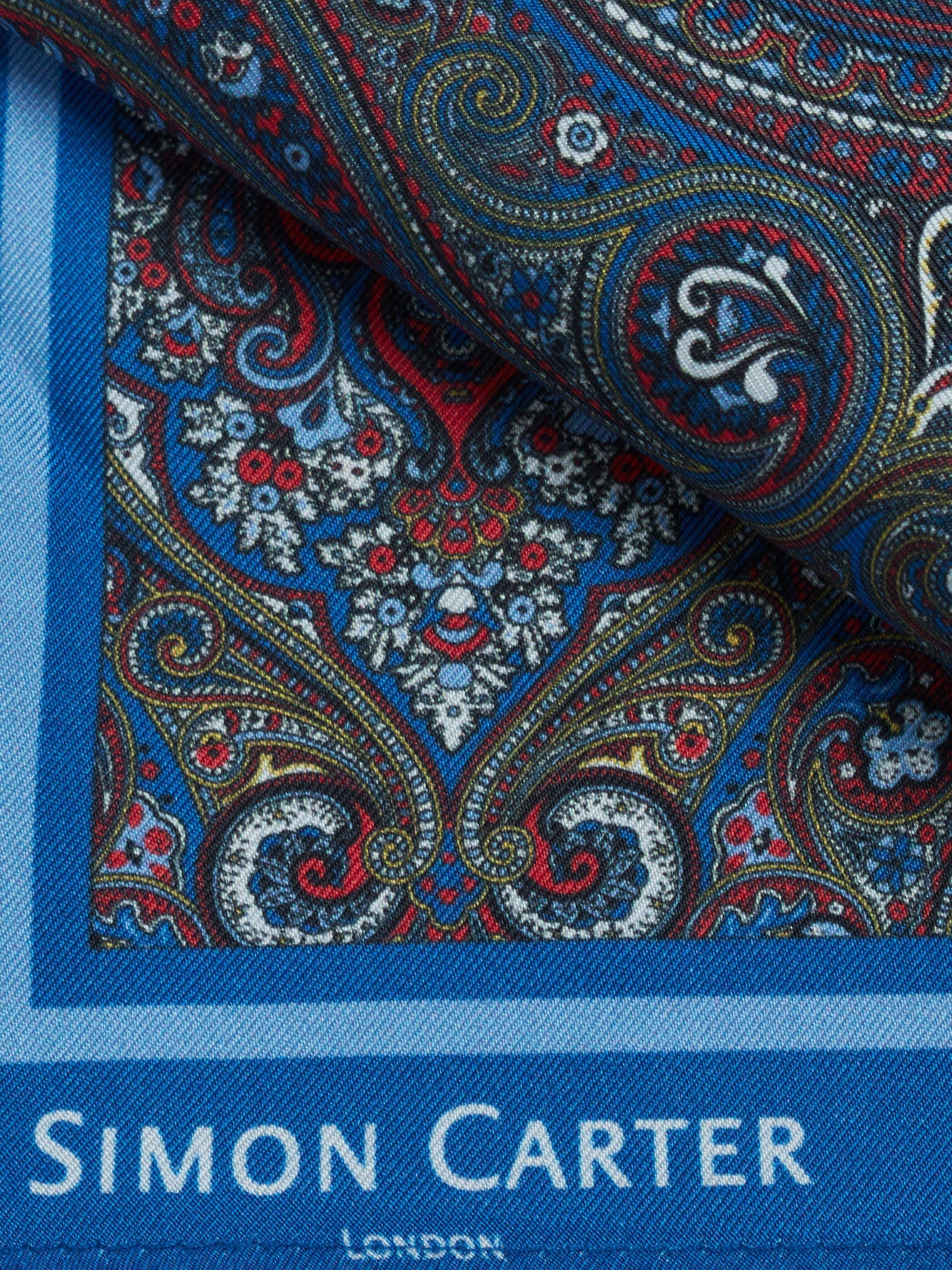 Product image 2 of 3, which shows Simon Carter Paisley Silk Pocket Square, Navy