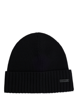 BOSS Fati Wool Ribbed Beanie Hat, Black, Black