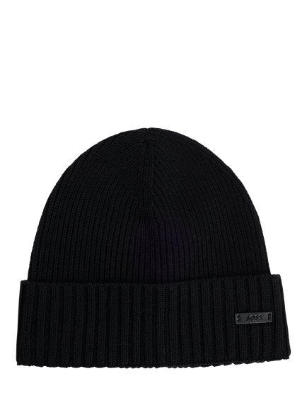 BOSS Fati Wool Ribbed Beanie Hat, Black, Black