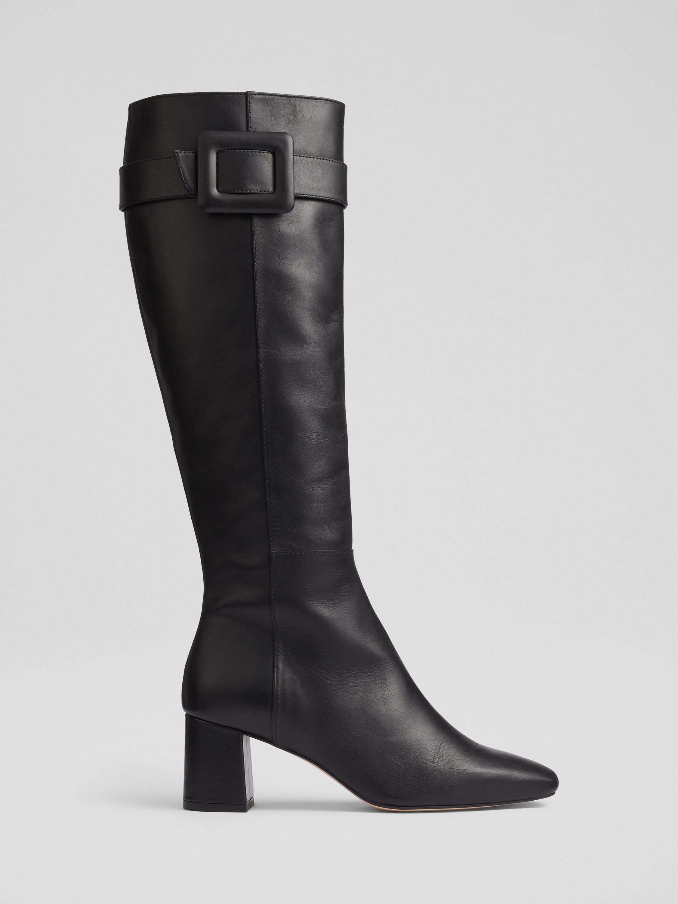 L.K.Bennett Carlotta Leather Covered Buckle Knee High Boots Black