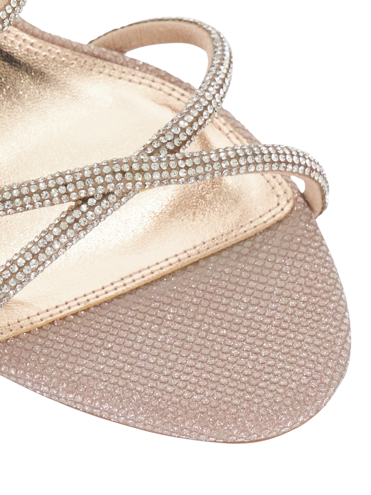Product image 6 of 6, which shows Dune Momentum Wide Fit Embellished Heeled Strappy Sandals, Rose Gold, EU36