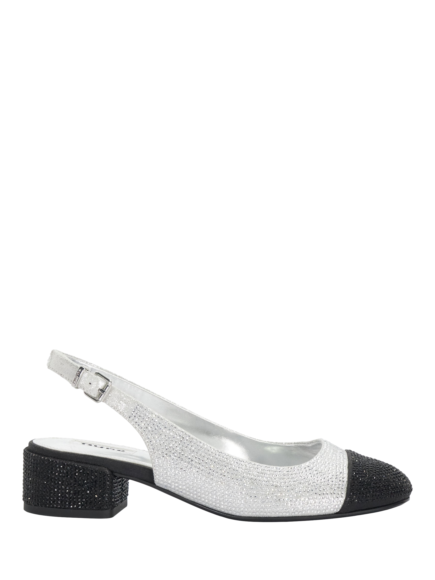 Product image 1 of 6, which shows Dune London Casing Embellished Contrast Toe Slingback Pumps, Silver/Black, EU36