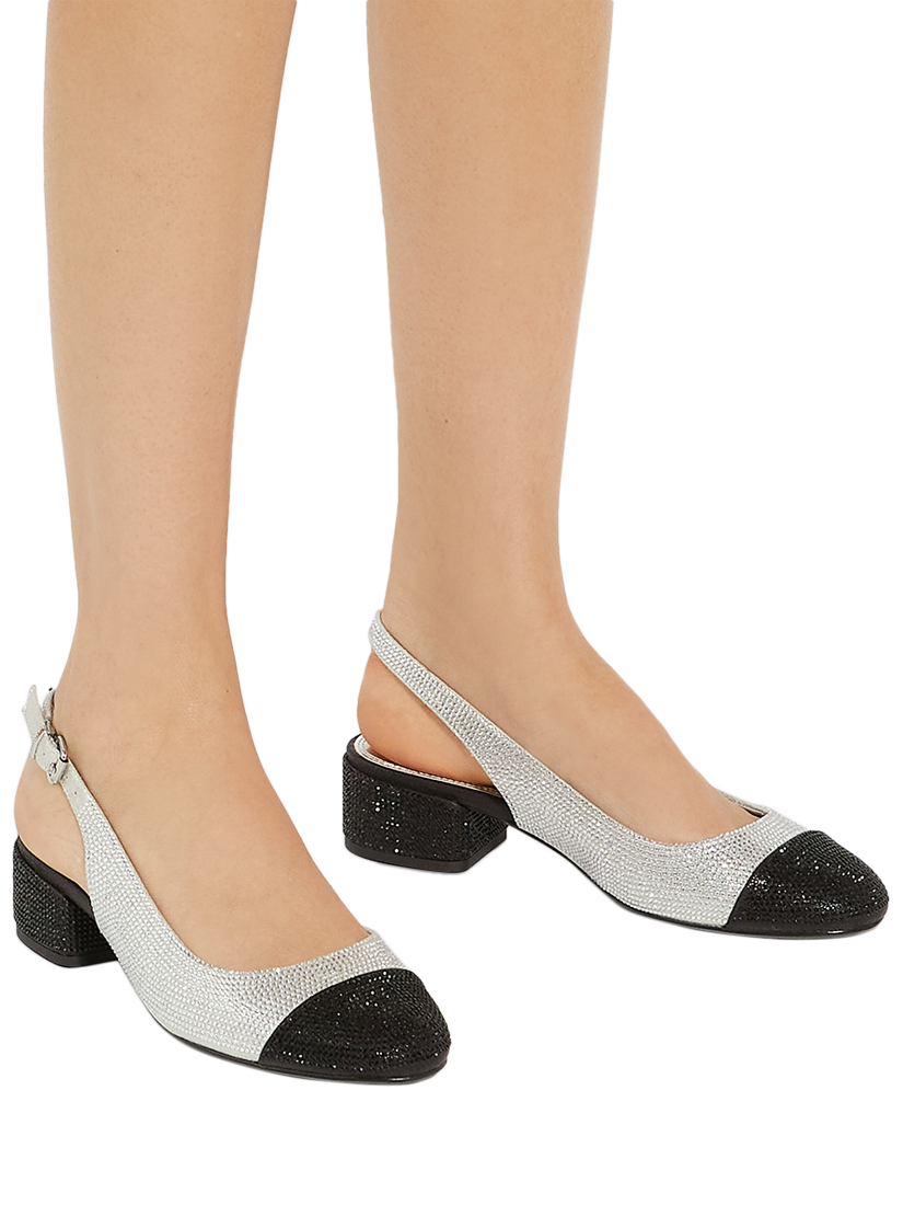 Product image 2 of 6, which shows Dune London Casing Embellished Contrast Toe Slingback Pumps, Silver/Black, EU36