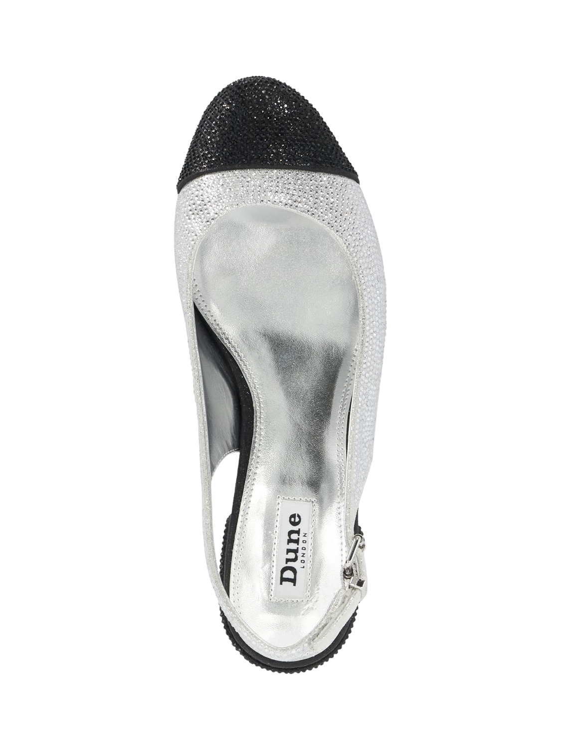 Product image 3 of 6, which shows Dune London Casing Embellished Contrast Toe Slingback Pumps, Silver/Black, EU36