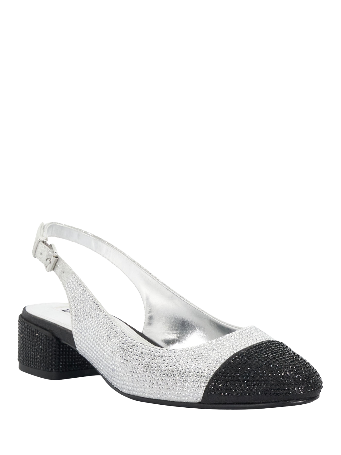 Product image 4 of 6, which shows Dune London Casing Embellished Contrast Toe Slingback Pumps, Silver/Black, EU36