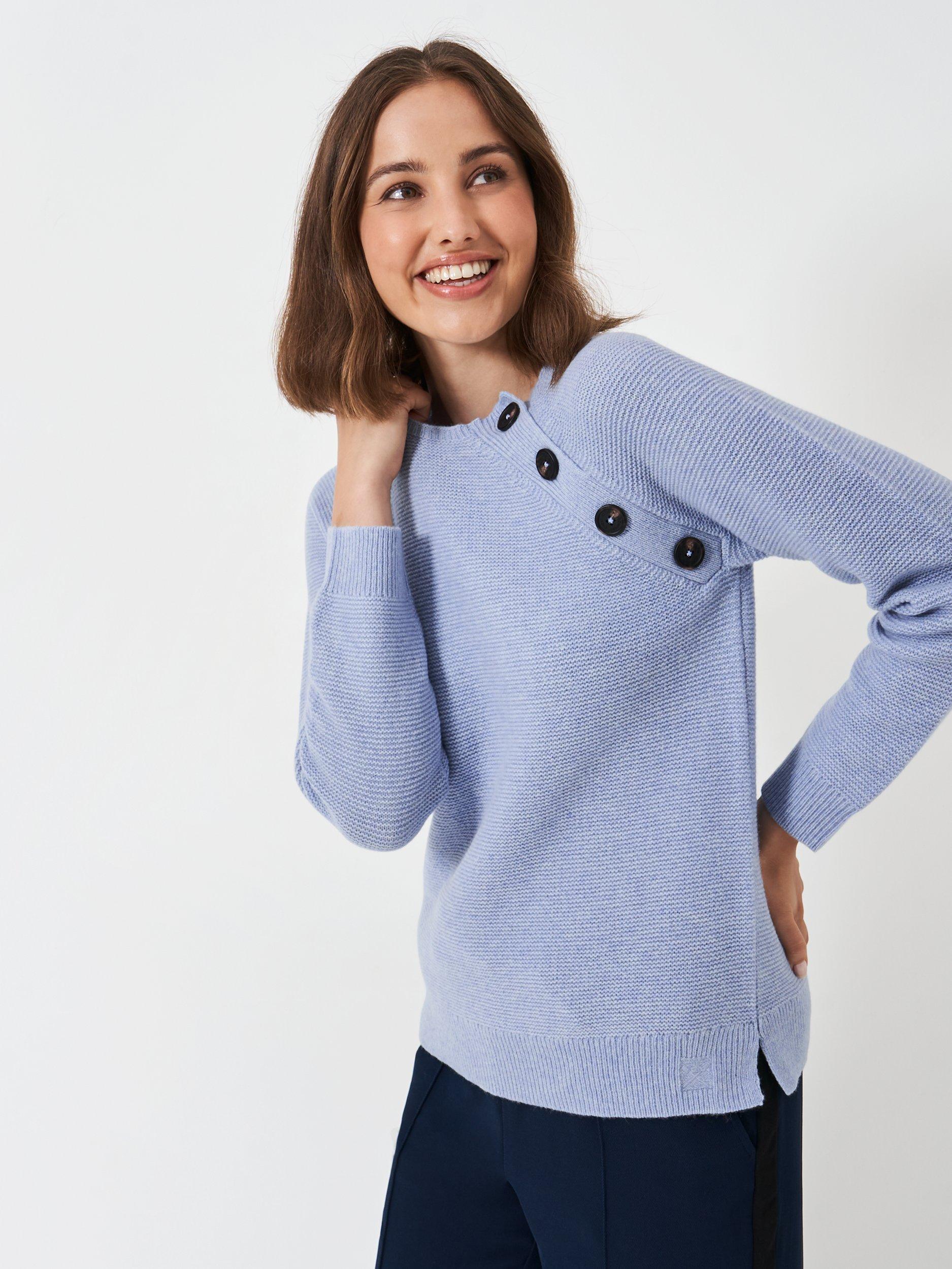 Crew Clothing Button Neck Wool Blend Jumper, Bright Blue