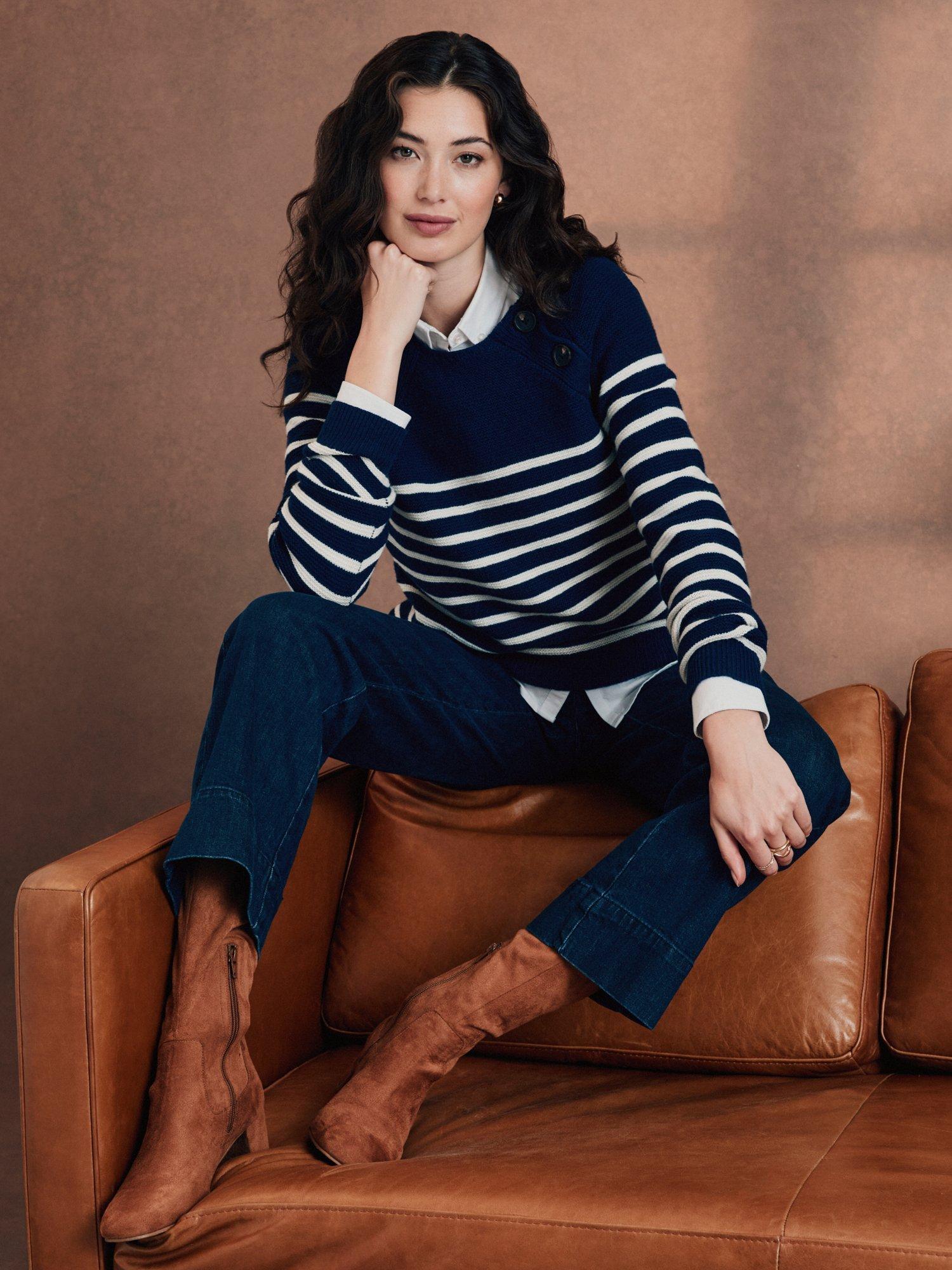 Crew Clothing Button Neck Stripe Wool Blend Jumper, Navy Blue