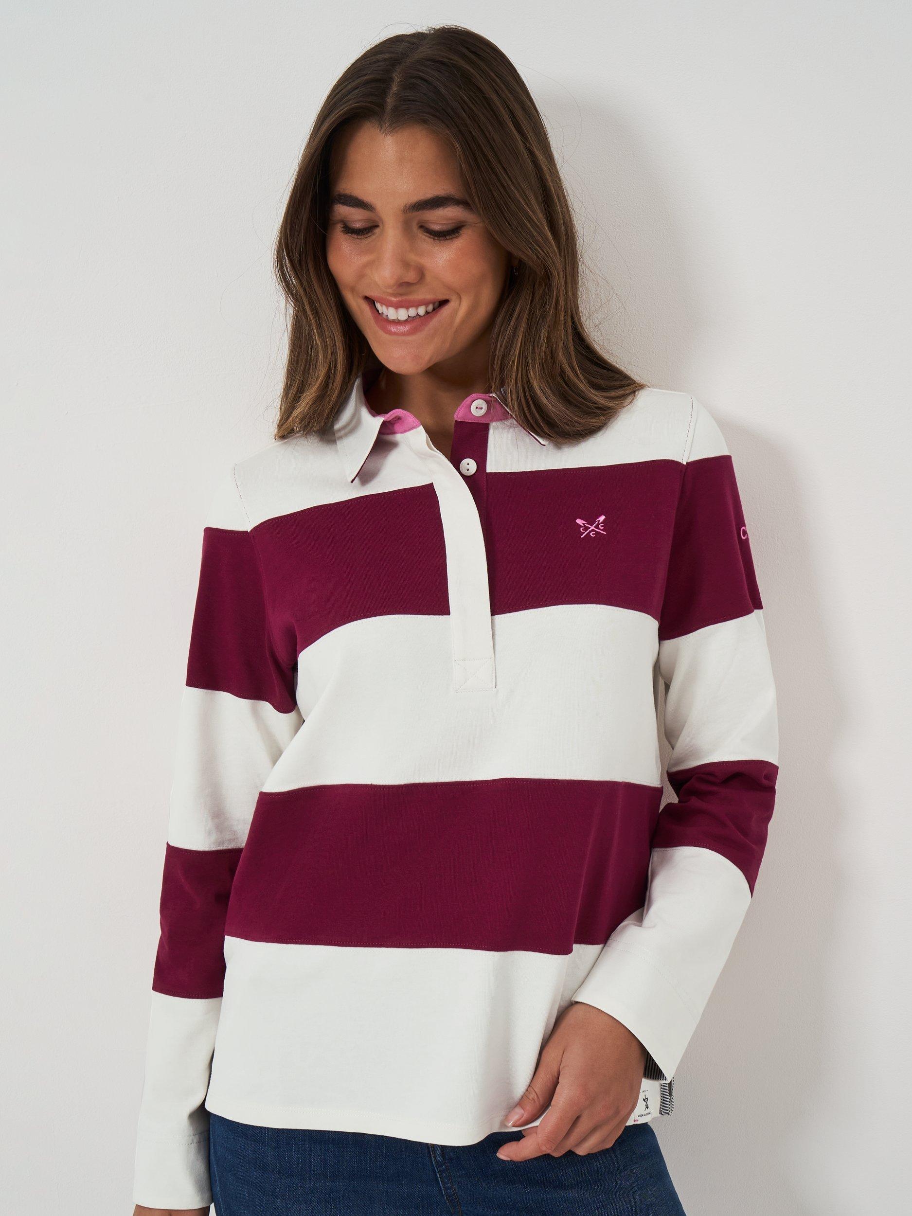 Crew Clothing Stripe Rugby Shirt, Berry Red/White, 8