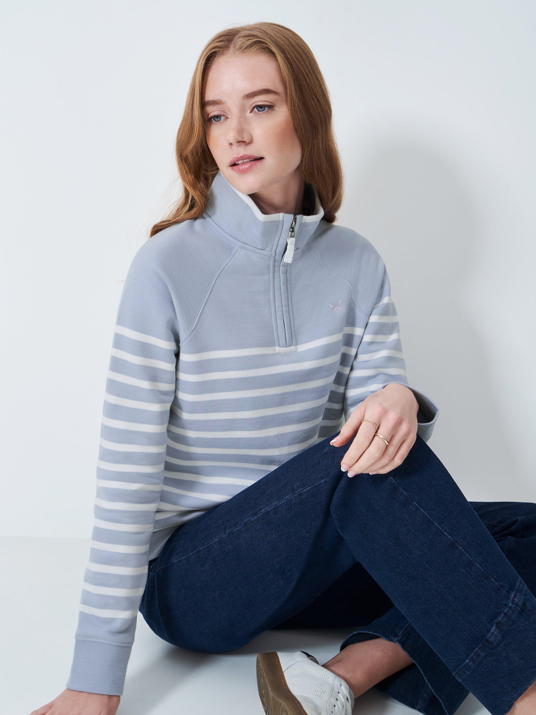 Product image 1 of 5, which shows Crew Clothing Stripe 1/2 Zip Sweatshirt, Blue, 10