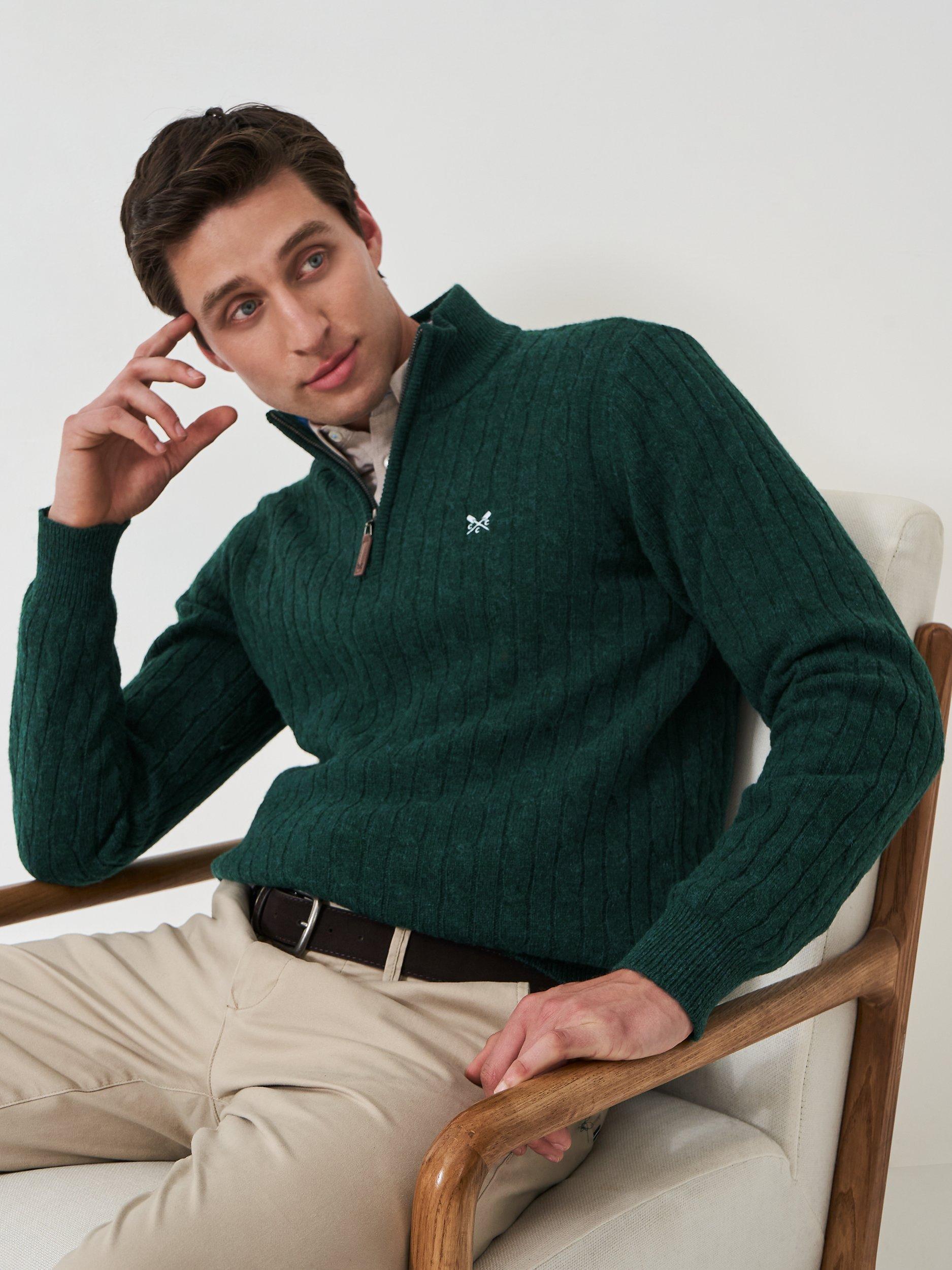 Crew Clothing Lambswool Blend Cable Knit Jumper, Dark Green