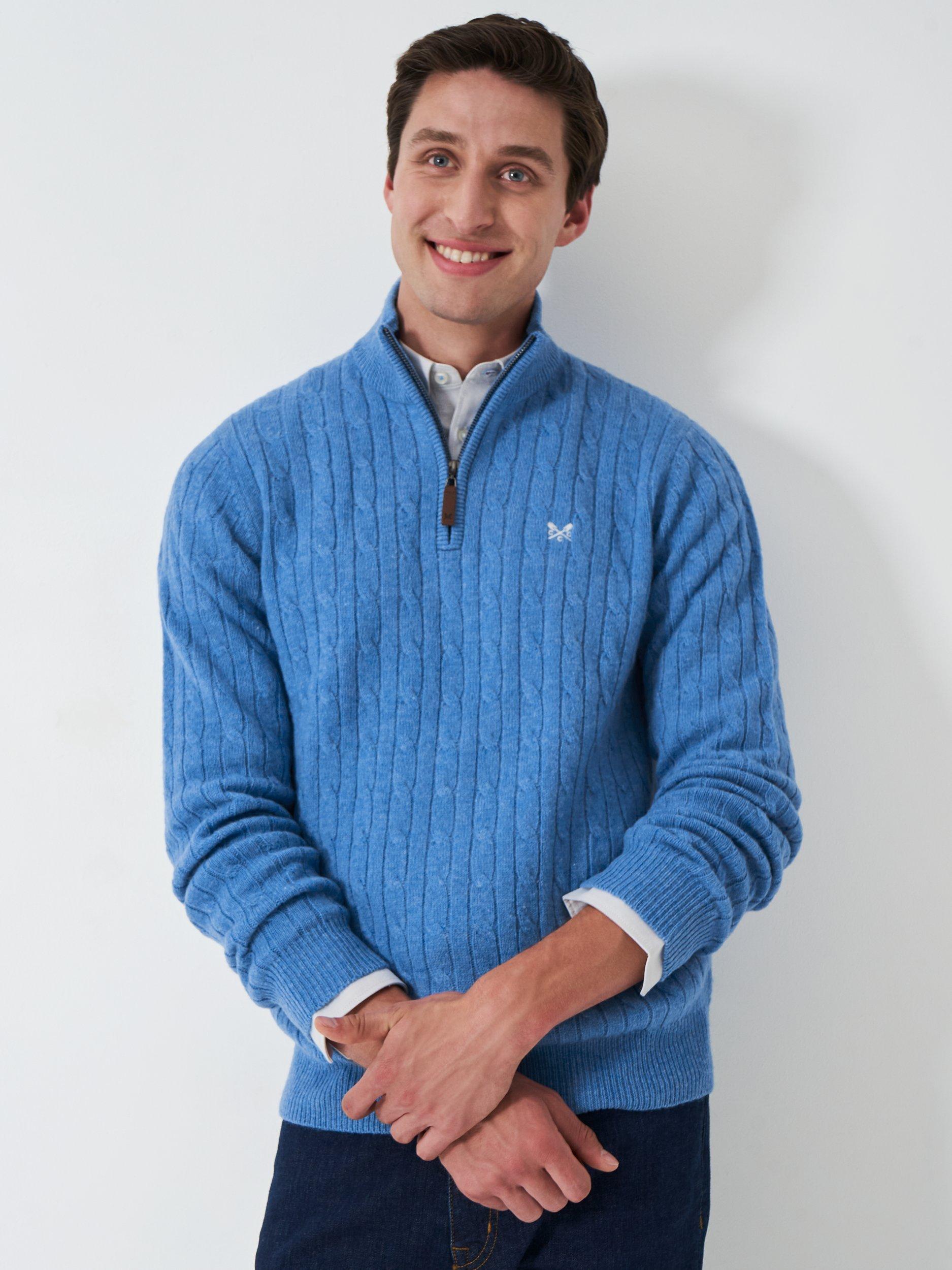 Crew Clothing Lambswool Cable Half Zip Jumper, Multi Blue
