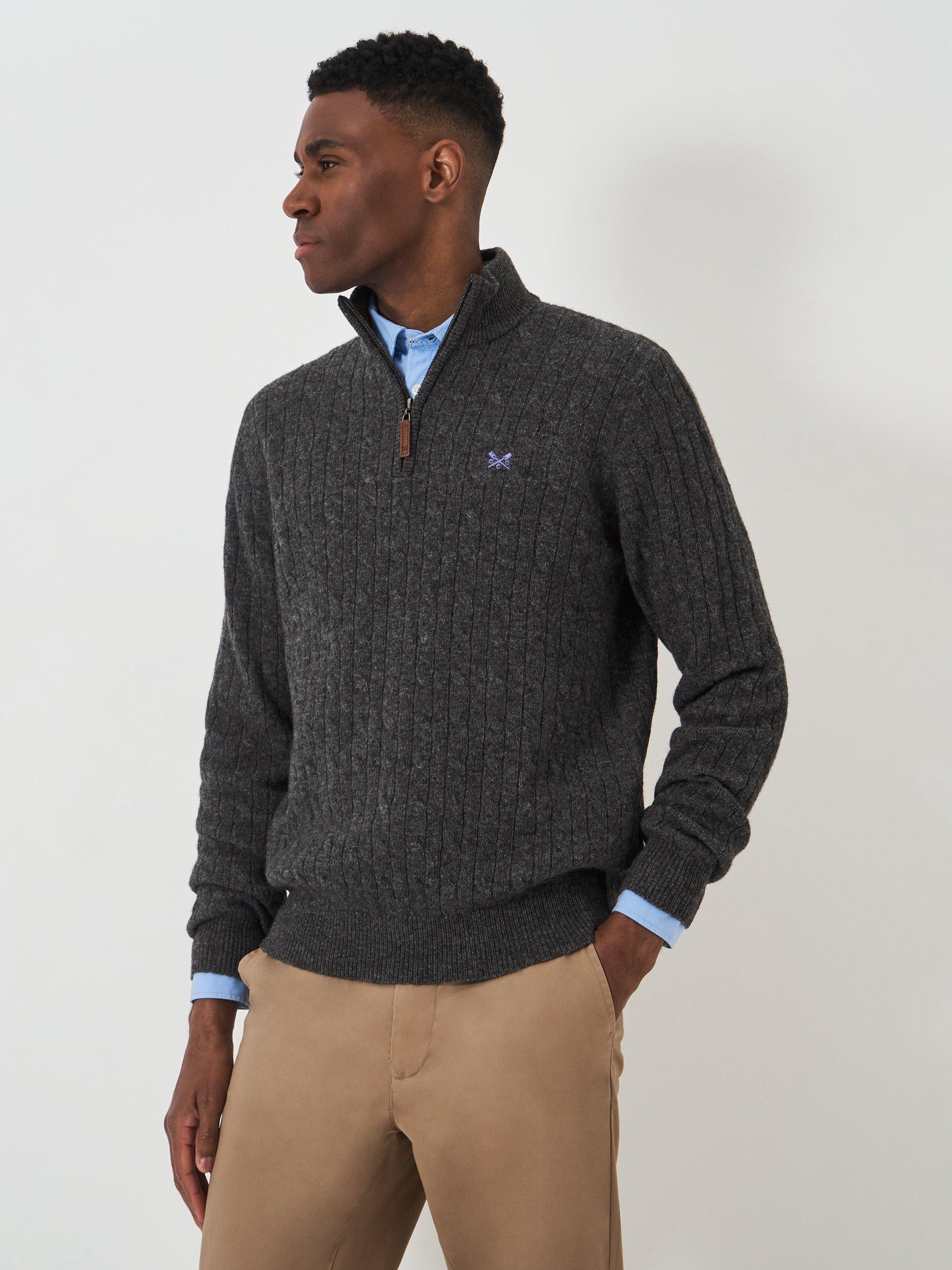 Crew Clothing Lambswool Cable Half Zip Jumper, Dark Grey