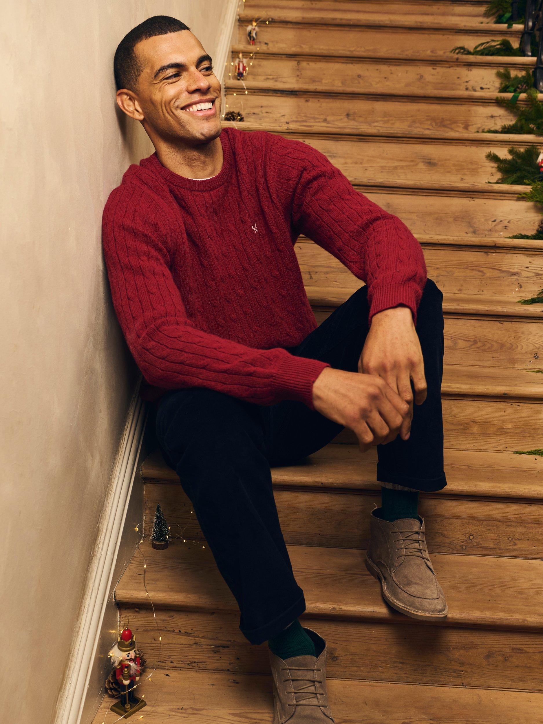 Crew Clothing Lambswool Blend Cable Knit Jumper, Dark Red