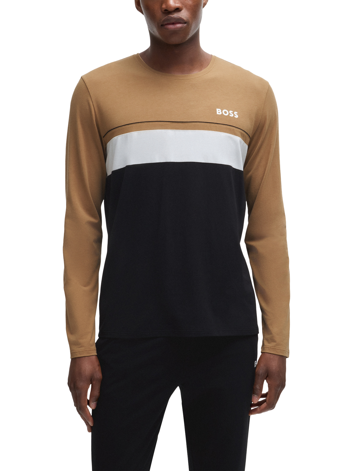 Product image 1 of 5, which shows HUGO BOSS Contrast Piped Long Sleeve Lounge Top, Black, M