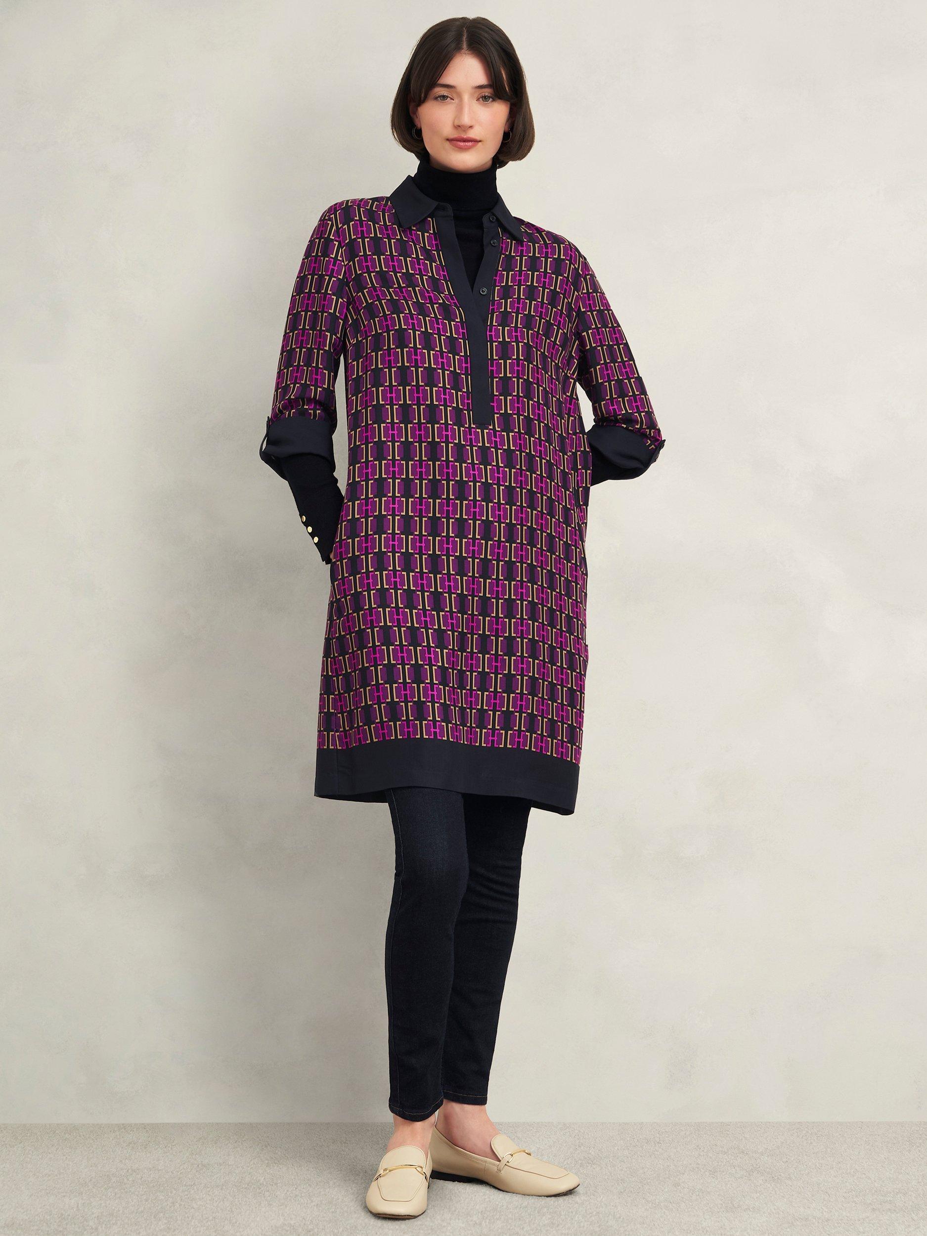 Product image 7 of 7, which shows Hobbs Aubrey Insignia Tunic Dress, Purple/Multi, 10