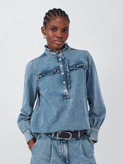 AND/OR Collette Ruffle Denim Shirt, Blue, Blue