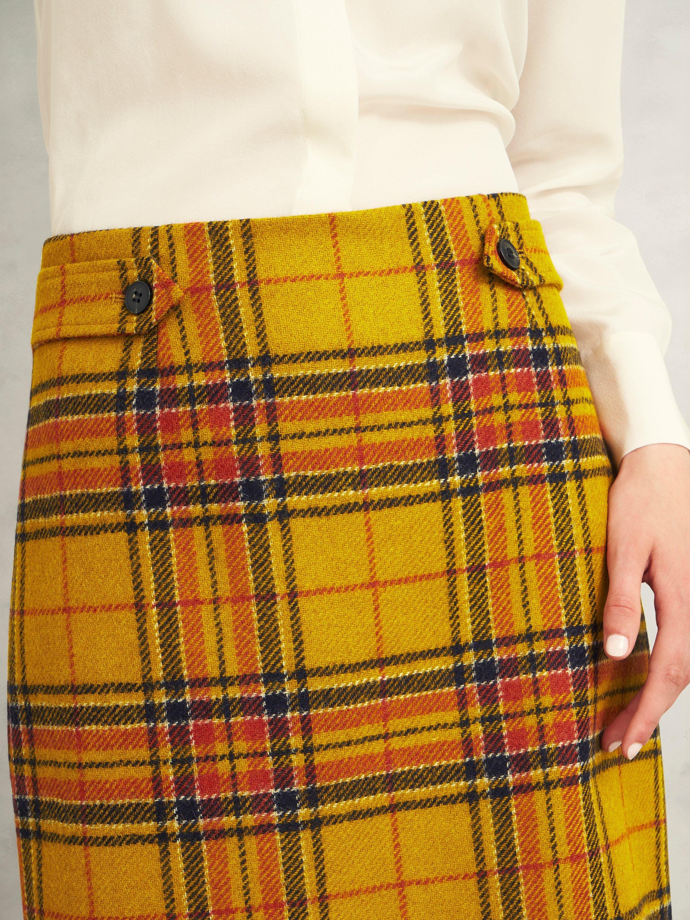Product image 3 of 7, which shows Hobbs Maeve Tartan Pure Wool Skirt, Ochre/Multi, 8