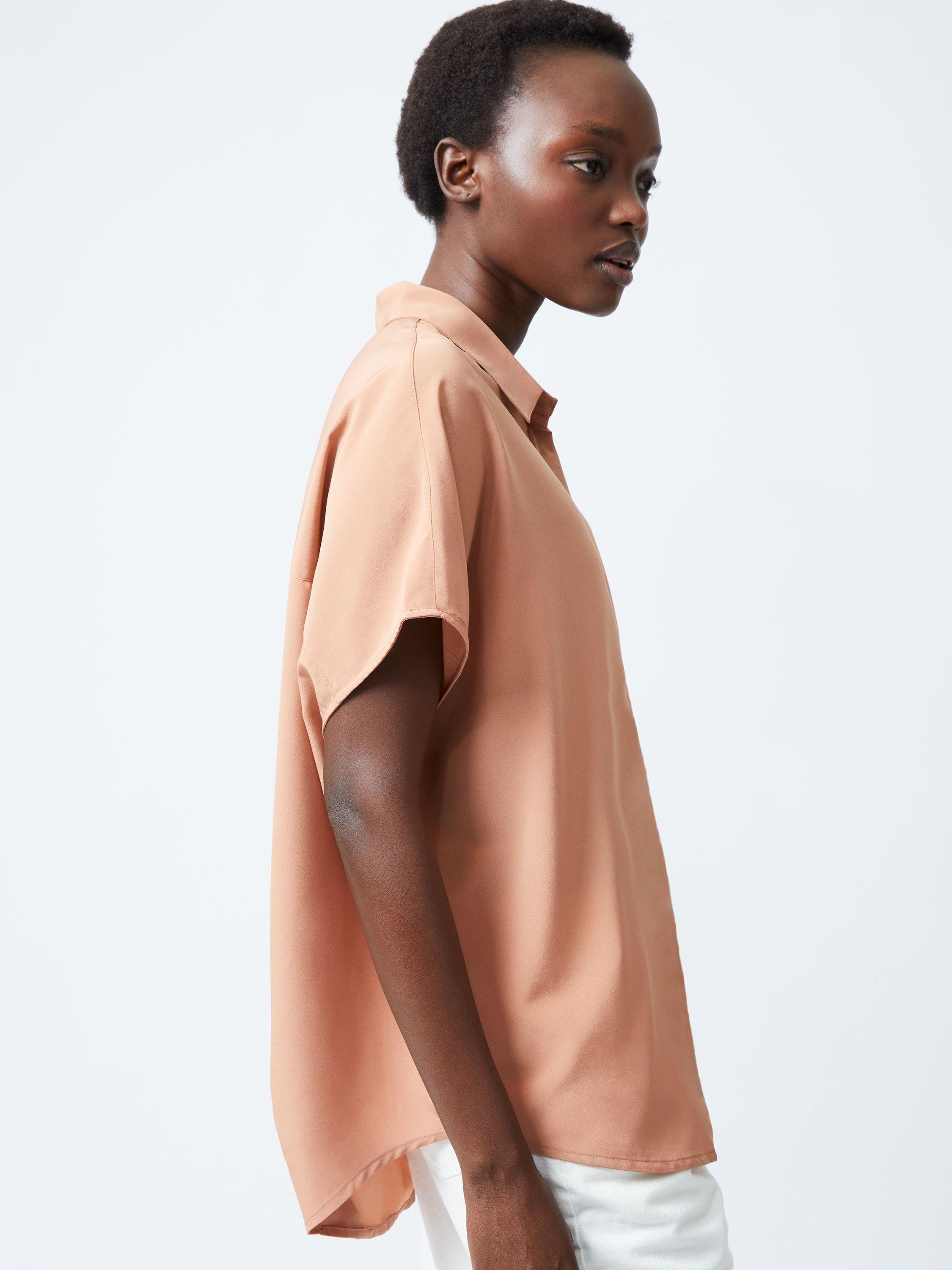 Product image 1 of 5, which shows French Connection Caprina Crepe Short Sleeve Shirt, Mocha, XS