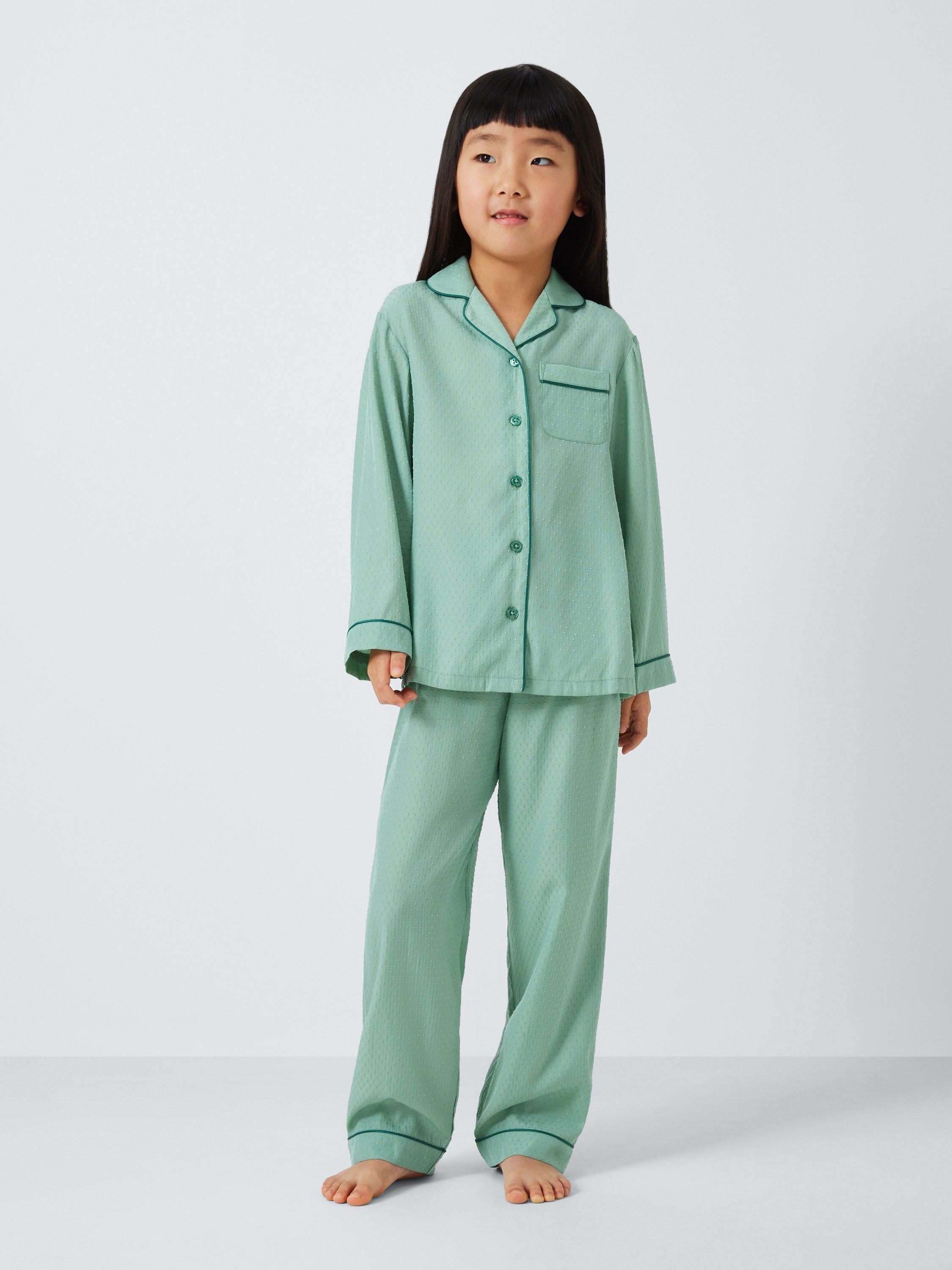 Product image 1 of 6, which shows John Lewis Kids' Textured Spot Satin Pyjamas, Green, 5 years