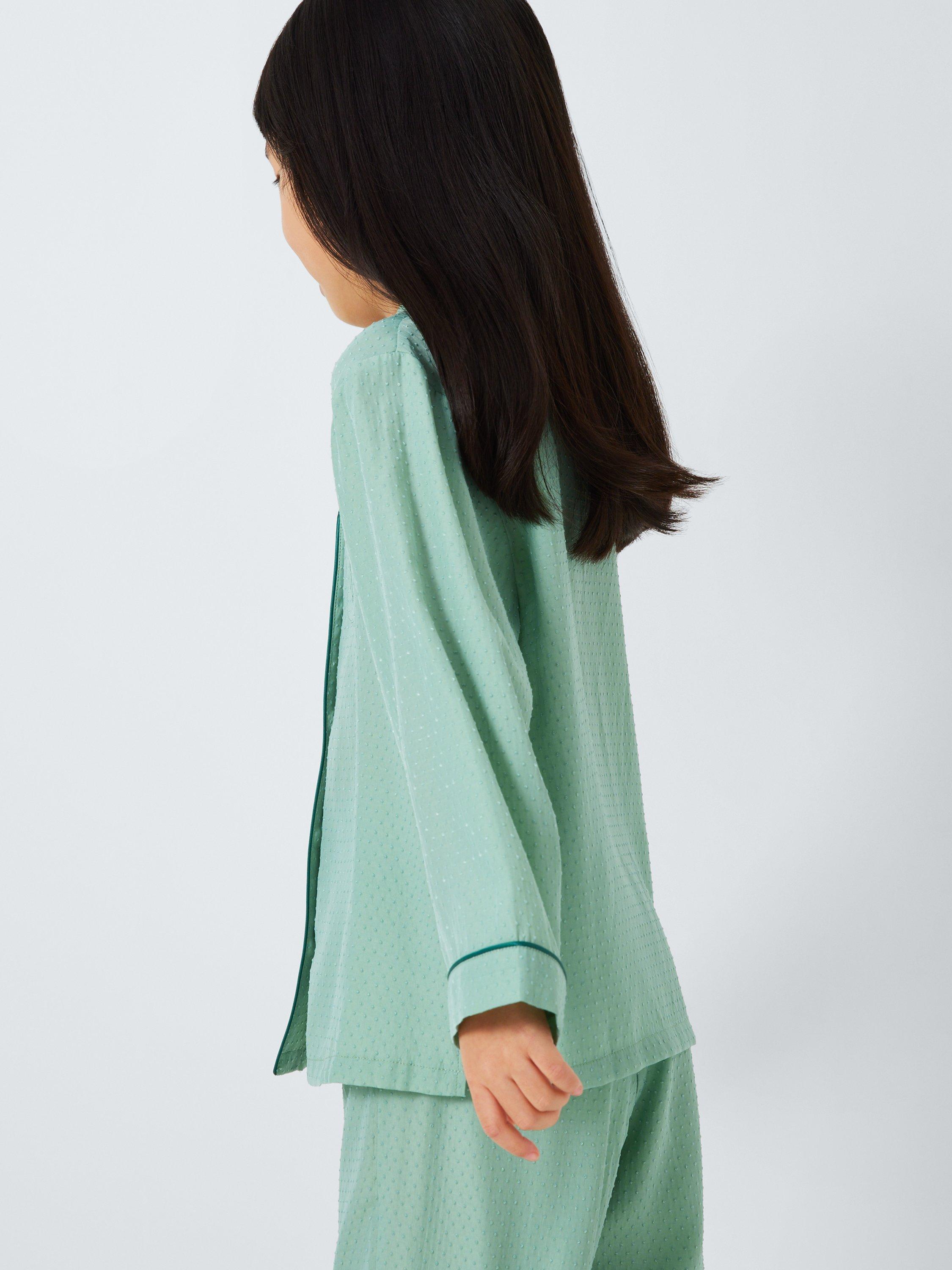 Product image 2 of 6, which shows John Lewis Kids' Textured Spot Satin Pyjamas, Green, 5 years