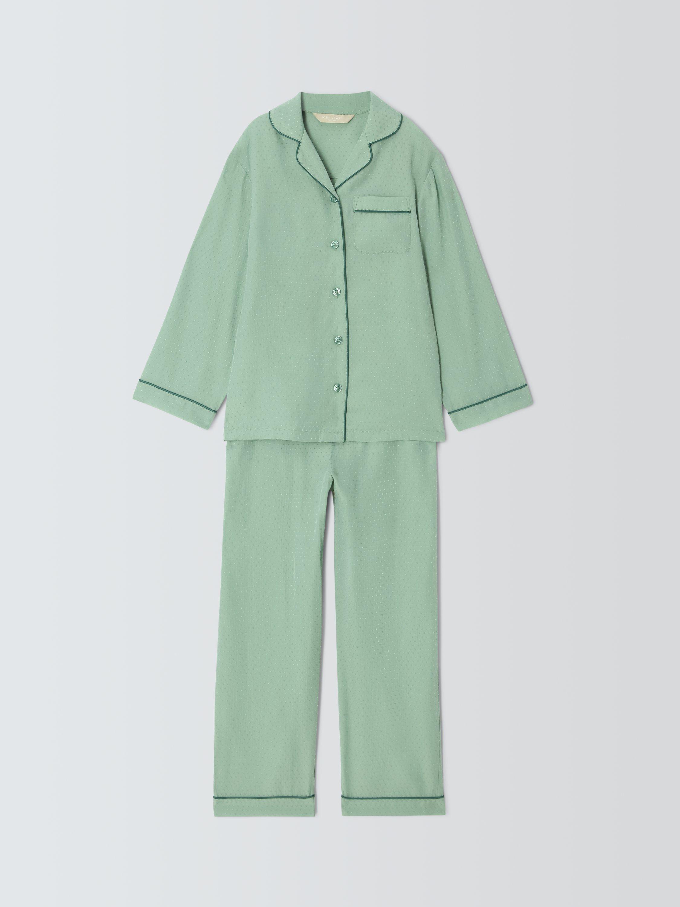 Product image 3 of 6, which shows John Lewis Kids' Textured Spot Satin Pyjamas, Green, 5 years