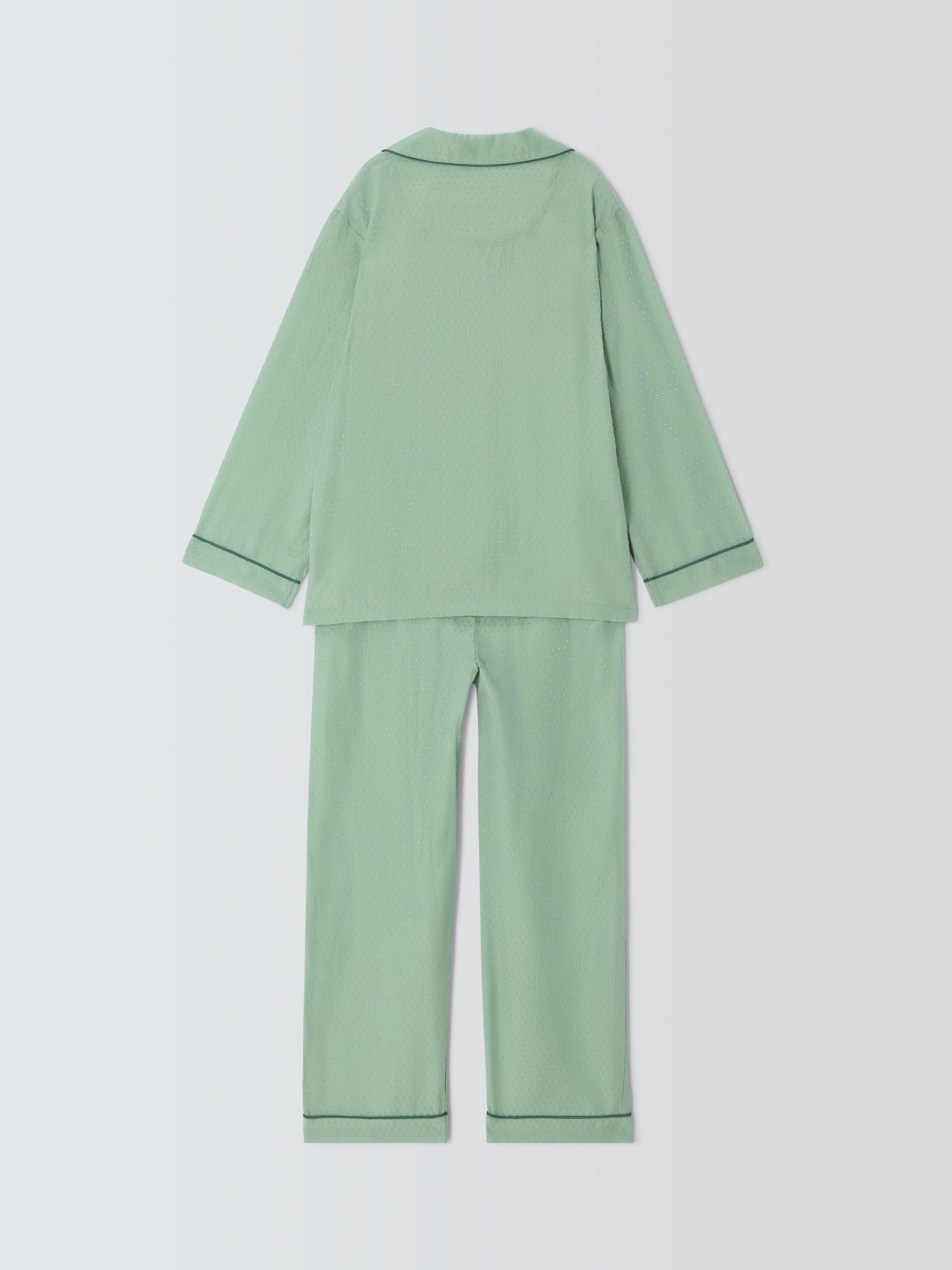 Product image 6 of 6, which shows John Lewis Kids' Textured Spot Satin Pyjamas, Green, 5 years