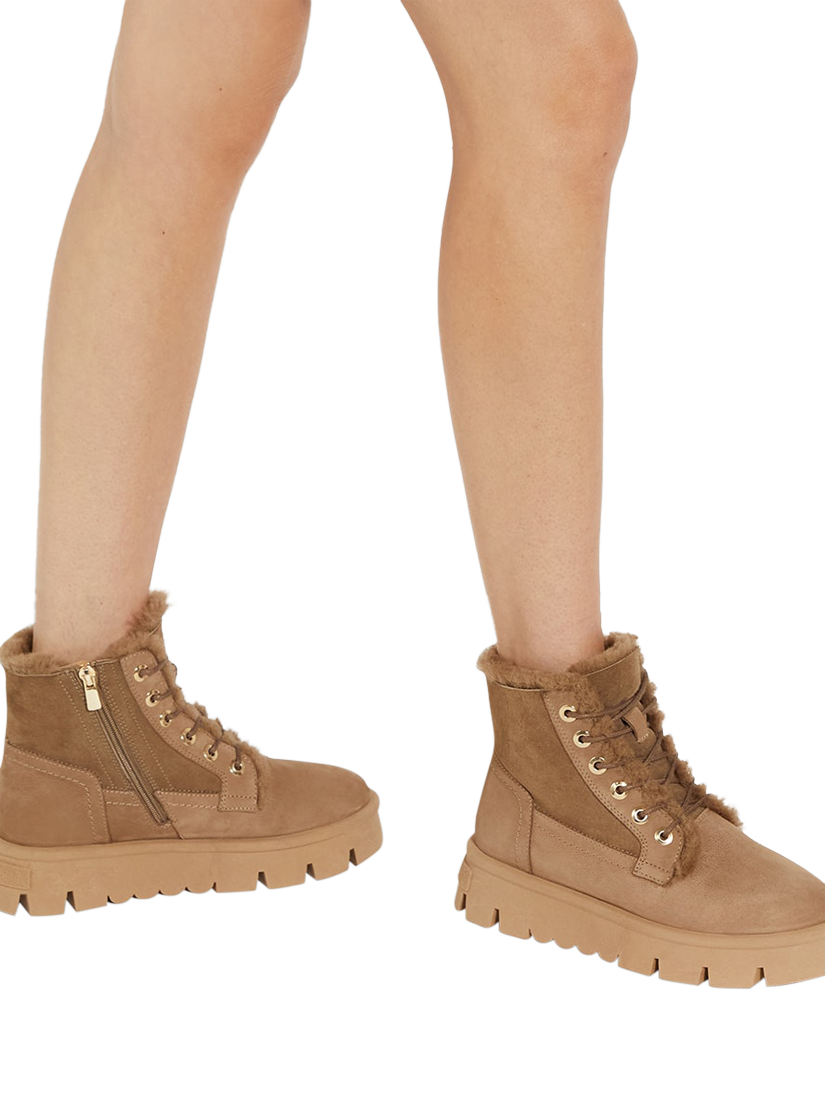 Product image 2 of 6, which shows Dune London Poddings Suede Faux Fur Lined Platform Boots, Taupe, EU36