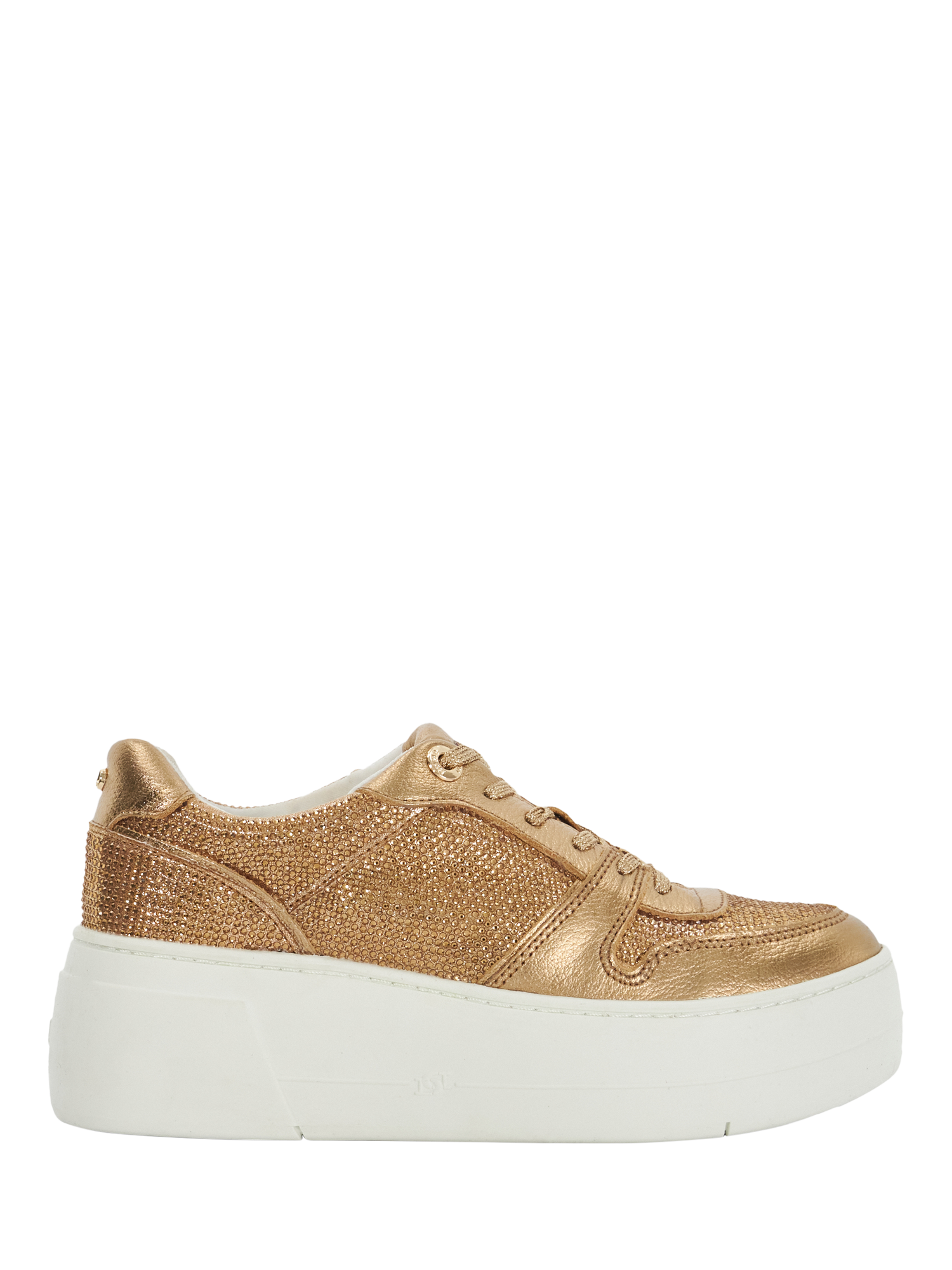 Product image 1 of 5, which shows Dune London Evangelyn Embellished Flatform Trainers, Bronze, EU36