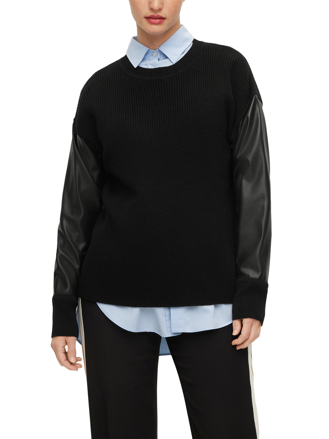 Product image 1 of 5, which shows BOSS Fanalian Leather Sleeve Pure Wool Jumper, Black, XL