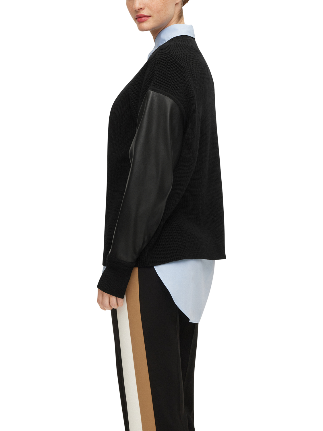 Product image 2 of 5, which shows BOSS Fanalian Leather Sleeve Pure Wool Jumper, Black, XL