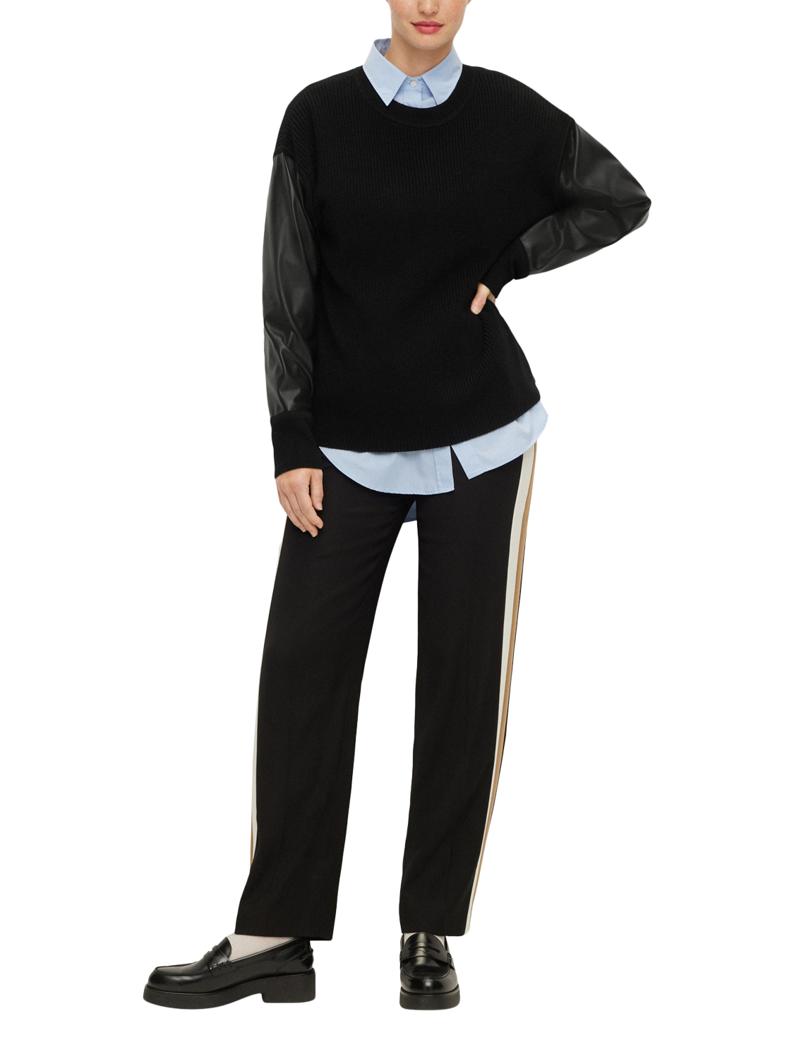 Product image 3 of 5, which shows BOSS Fanalian Leather Sleeve Pure Wool Jumper, Black, XL