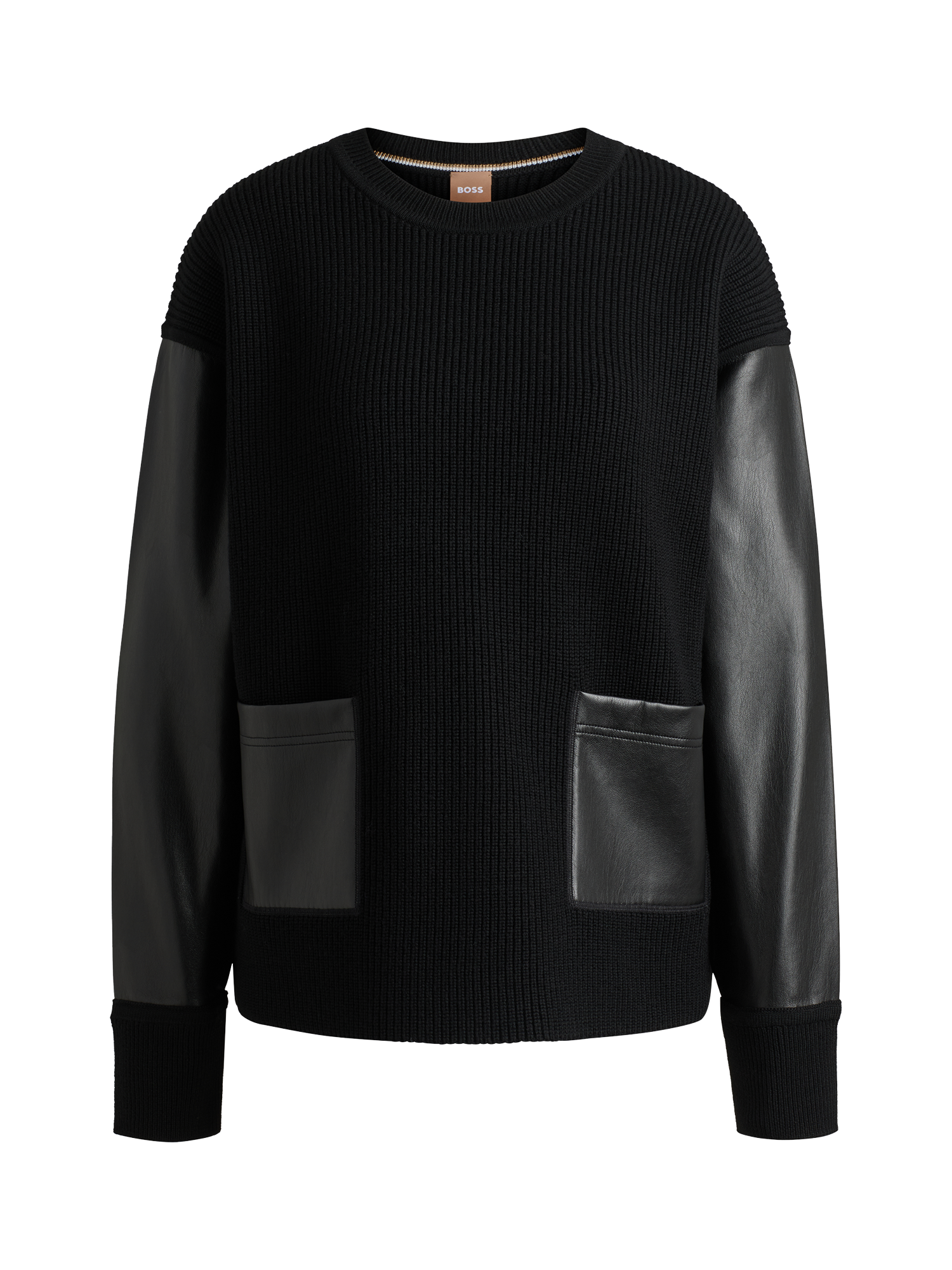Product image 4 of 5, which shows BOSS Fanalian Leather Sleeve Pure Wool Jumper, Black, XL