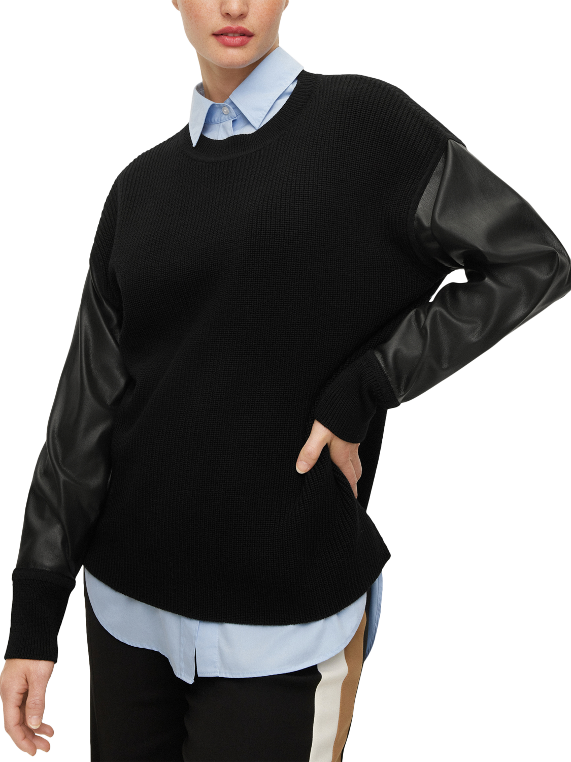Product image 5 of 5, which shows BOSS Fanalian Leather Sleeve Pure Wool Jumper, Black, XL