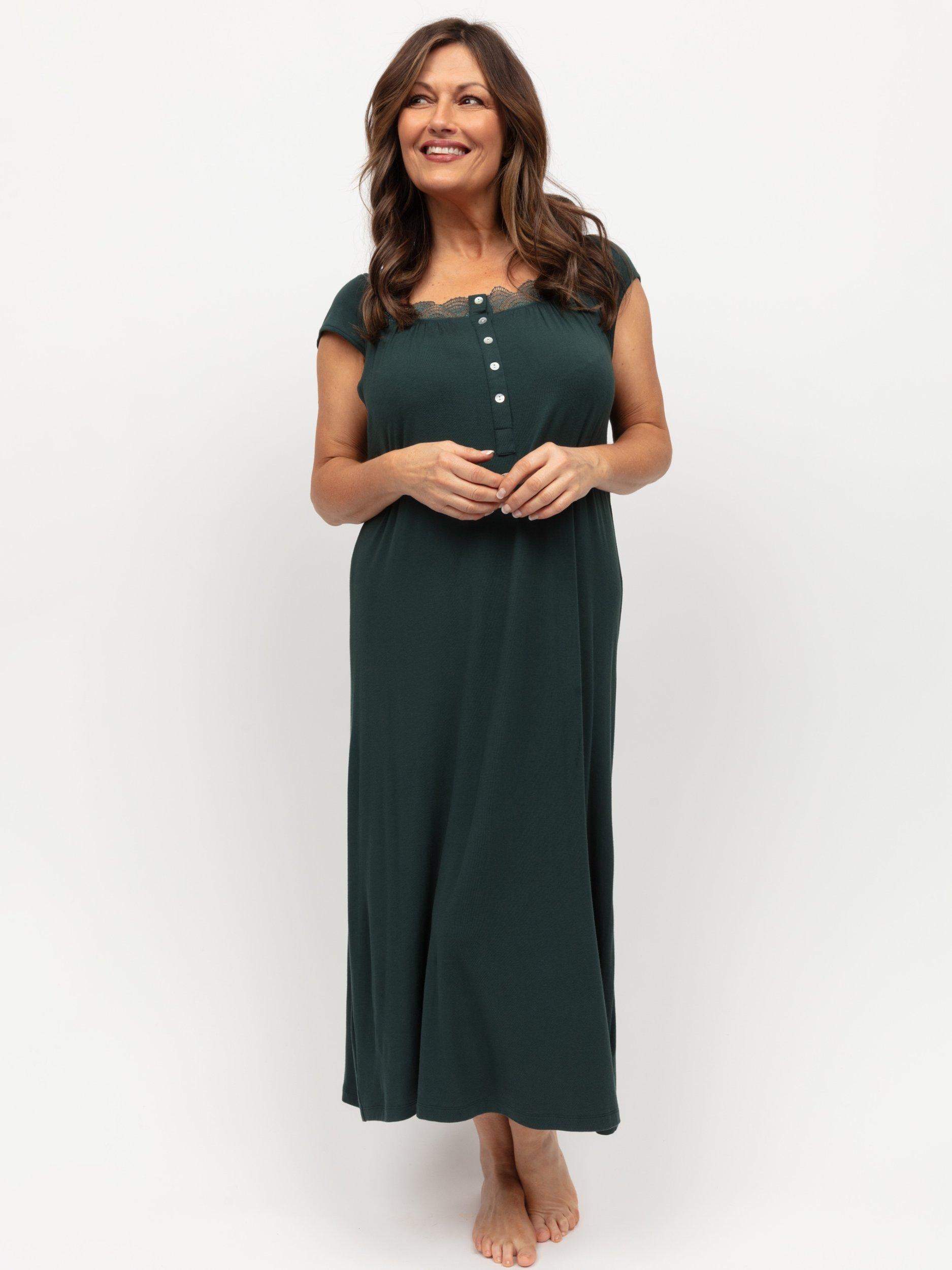 Product image 1 of 3, which shows Nora Rose by Cyberjammies Anne Jersey Lace Maxi Nightdress, Green, 8