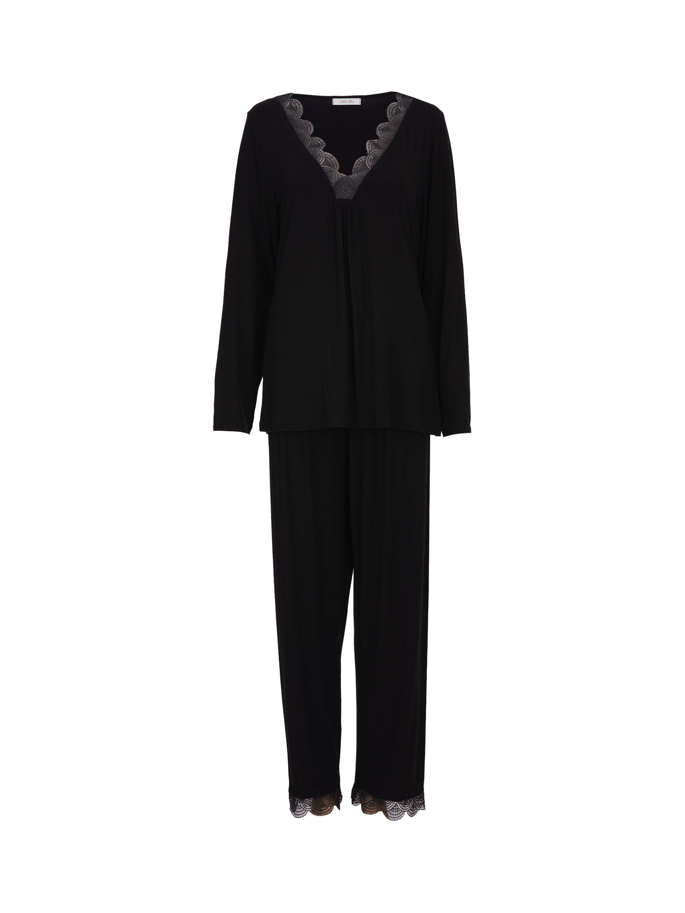 Nora Rose by Cyberjammies Carolynn Lace Trim Long Pyjama Set, Black