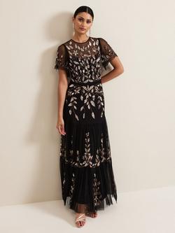 Phase Eight Collection 8 Hilary Sequin Leaf Dress, Black/Multi, Black/Multi
