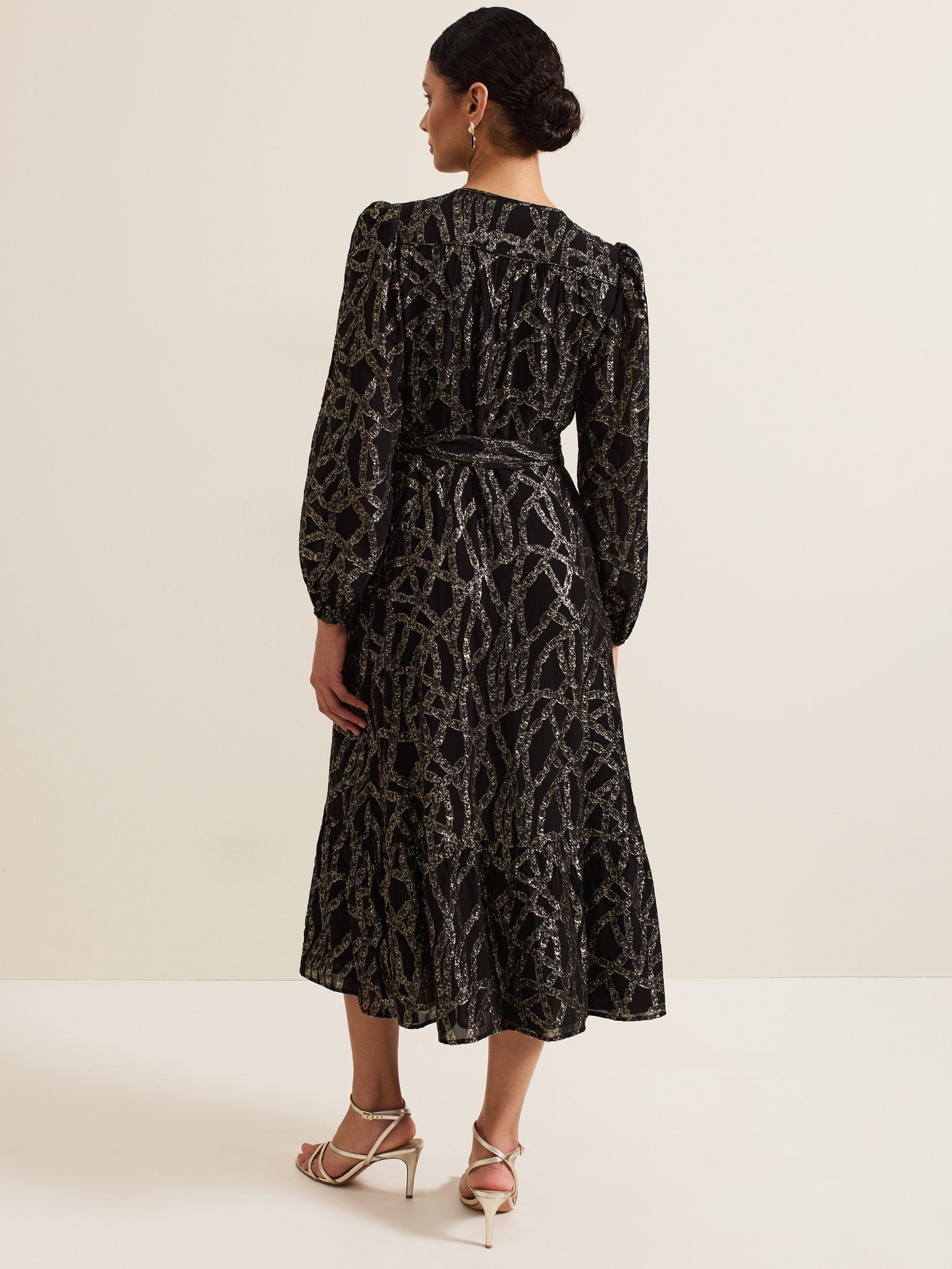 Product image 2 of 8, which shows Phase Eight Jazminda Shimmer Wrap Midi Dress, Black/Multi, 6