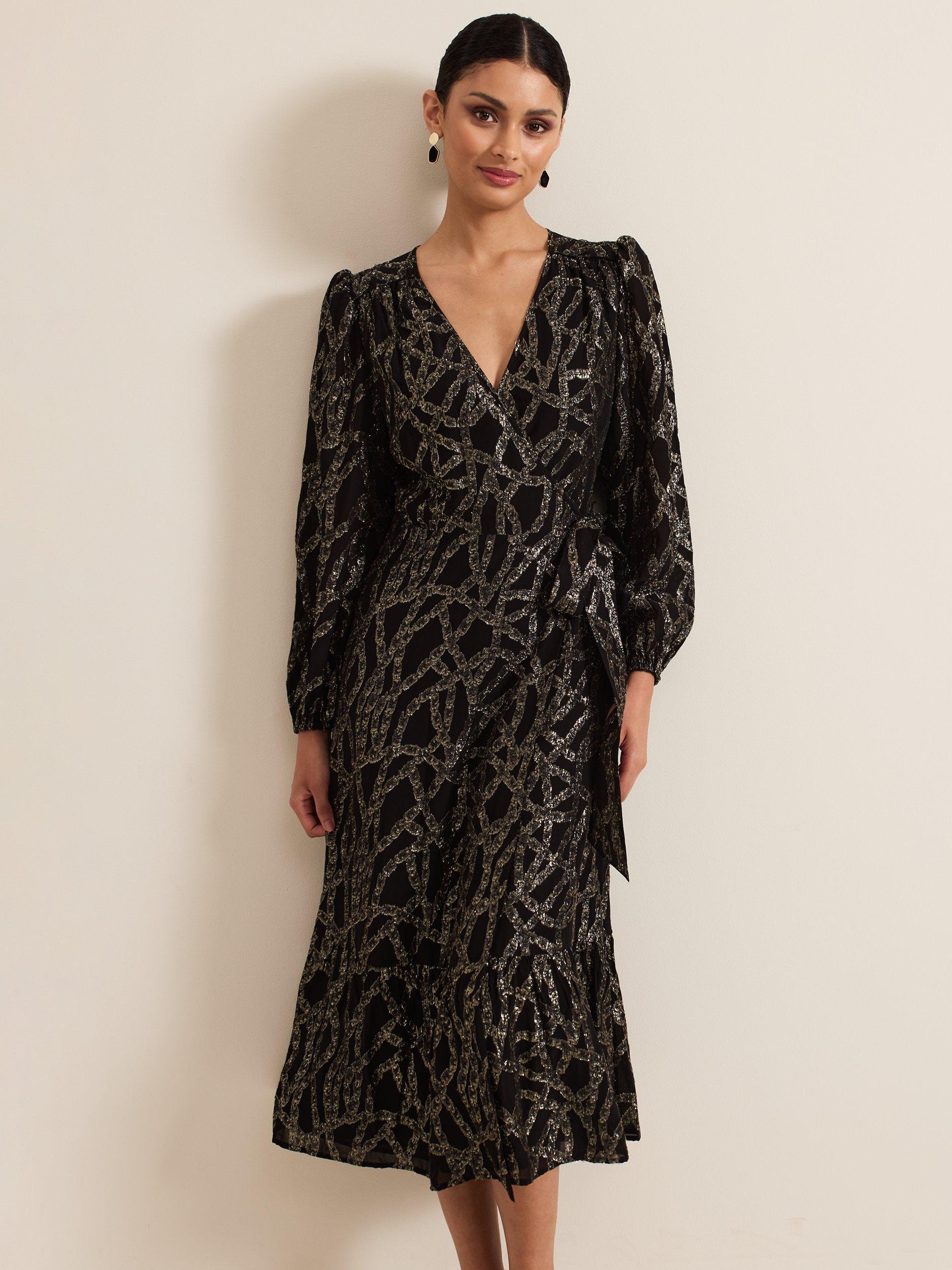 Product image 3 of 8, which shows Phase Eight Jazminda Shimmer Wrap Midi Dress, Black/Multi, 6